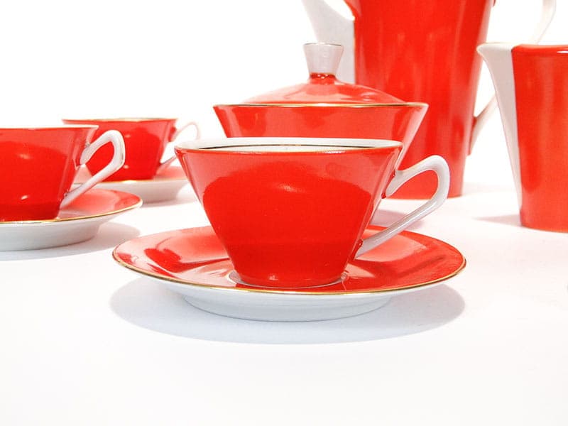 Mocha set Elżbieta, red white gold porcelain, by W. Górski, Poland, 1950s - 362333