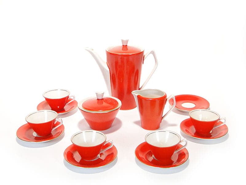 Mocha set Elżbieta, red white gold porcelain, by W. Górski, Poland, 1950s - 362335