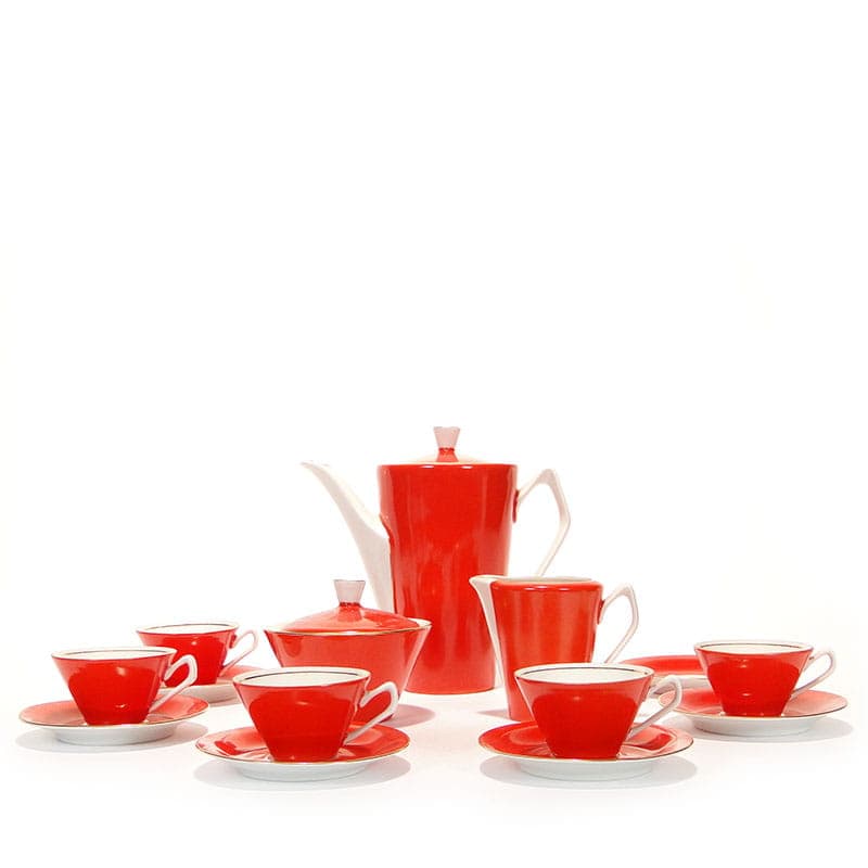 Mocha set Elżbieta, red white gold porcelain, by W. Górski, Poland, 1950s - 362331