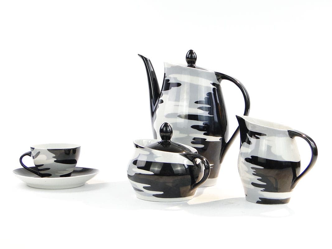 Mocha set Irena, white black grey porcelain, by M. Pasich, Chodzież, Poland, 1950s. - 362382