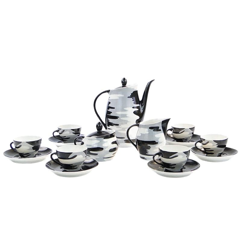 Mocha set Irena, white black grey porcelain, by M. Pasich, Chodzież, Poland, 1950s.