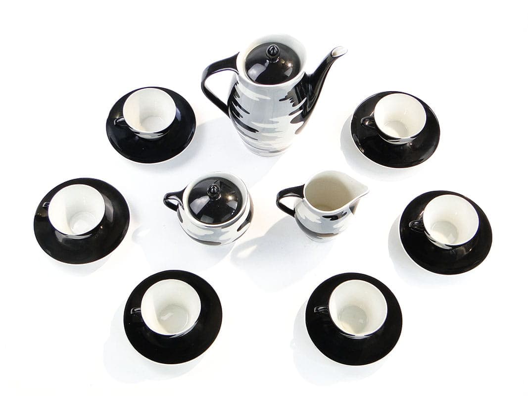 Mocha set Irena, white black grey porcelain, by M. Pasich, Chodzież, Poland, 1950s. - 362379