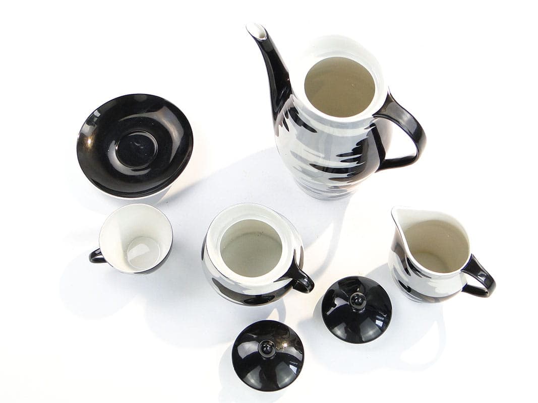 Mocha set Irena, white black grey porcelain, by M. Pasich, Chodzież, Poland, 1950s. - 362381
