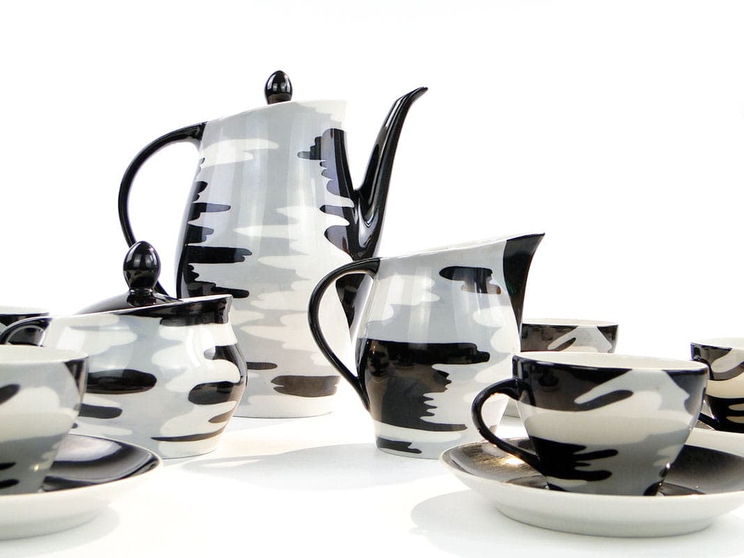 Mocha set Irena, white black grey porcelain, by M. Pasich, Chodzież, Poland, 1950s. - 362375