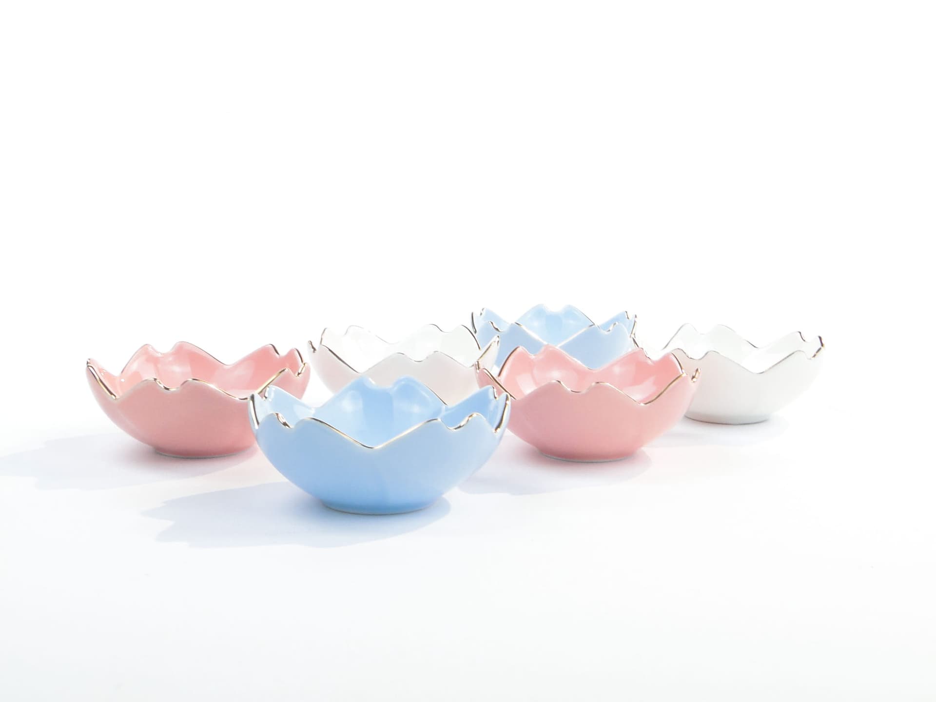 Set of Six Water Lily Bowls, white blue pink gold, porcelain, 1960s. - 362395