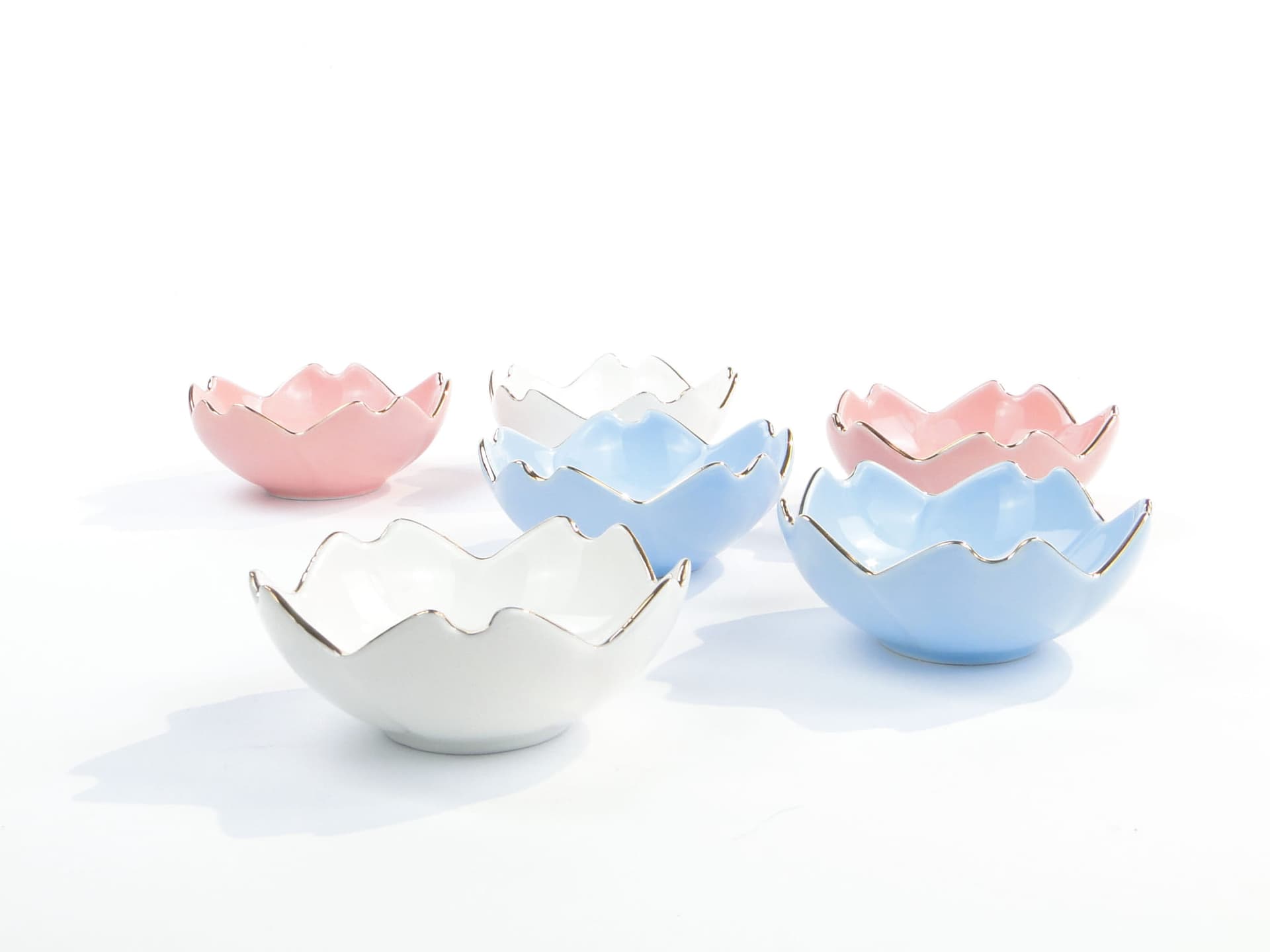 Set of Six Water Lily Bowls, white blue pink gold, porcelain, 1960s. - 362394
