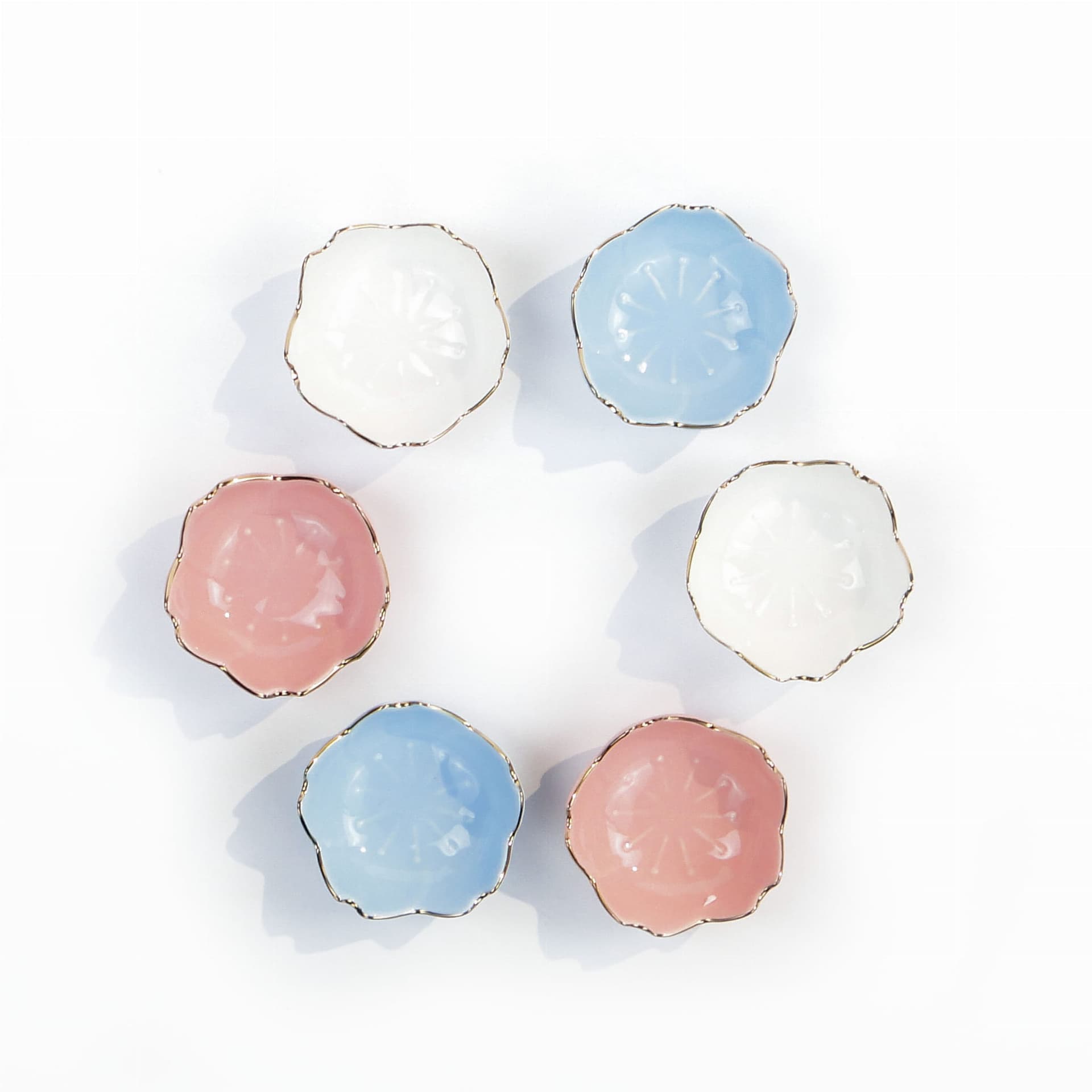 Set of Six Water Lily Bowls, white blue pink gold, porcelain, 1960s. - 362400