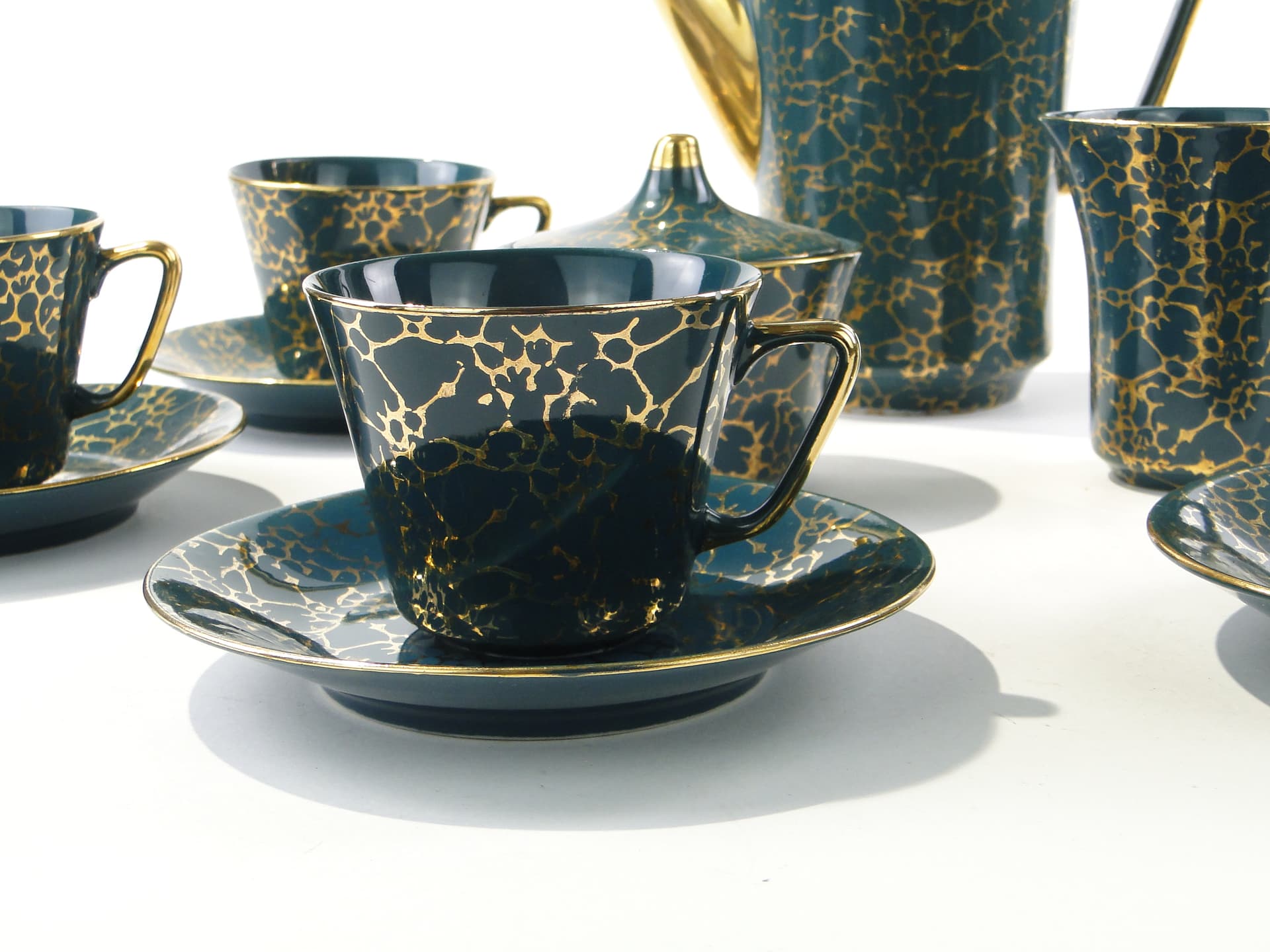 Coffee set Ira, green, glazed and gilded stoneware, by E. Renkowski, Chodzież, Poland, 1960s. - 362416