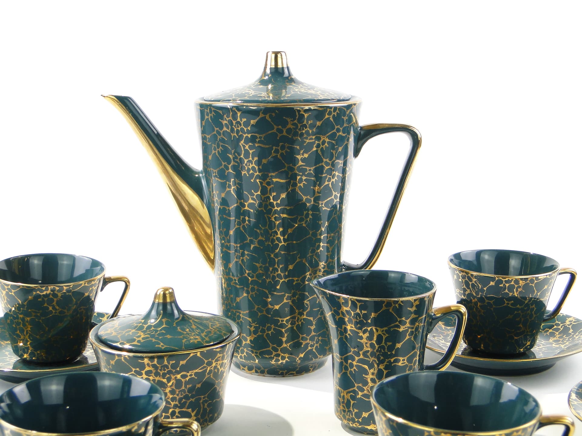 Coffee set Ira, green, glazed and gilded stoneware, by E. Renkowski, Chodzież, Poland, 1960s. - 362413
