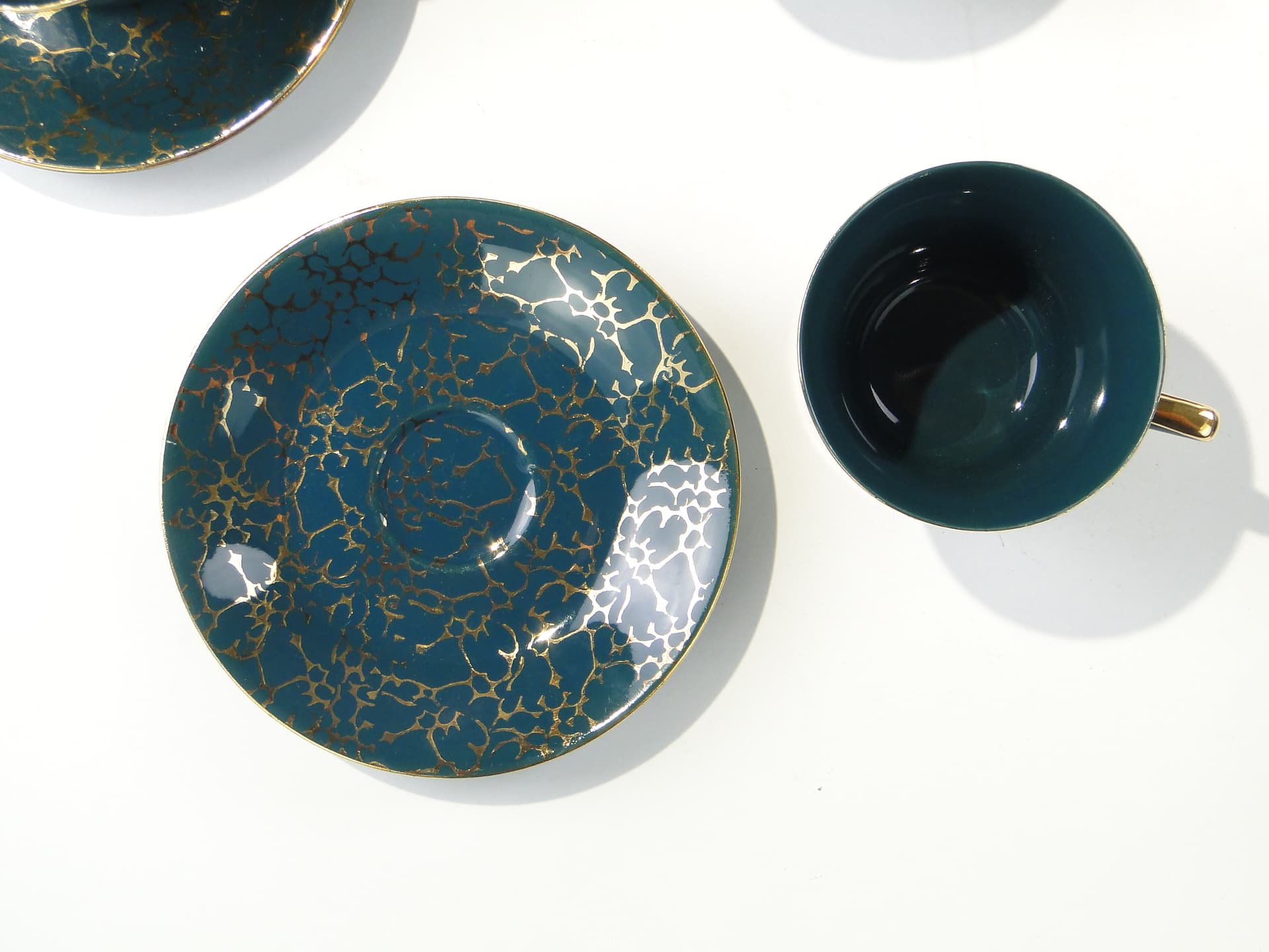 Coffee set Ira, green, glazed and gilded stoneware, by E. Renkowski, Chodzież, Poland, 1960s. - 362420