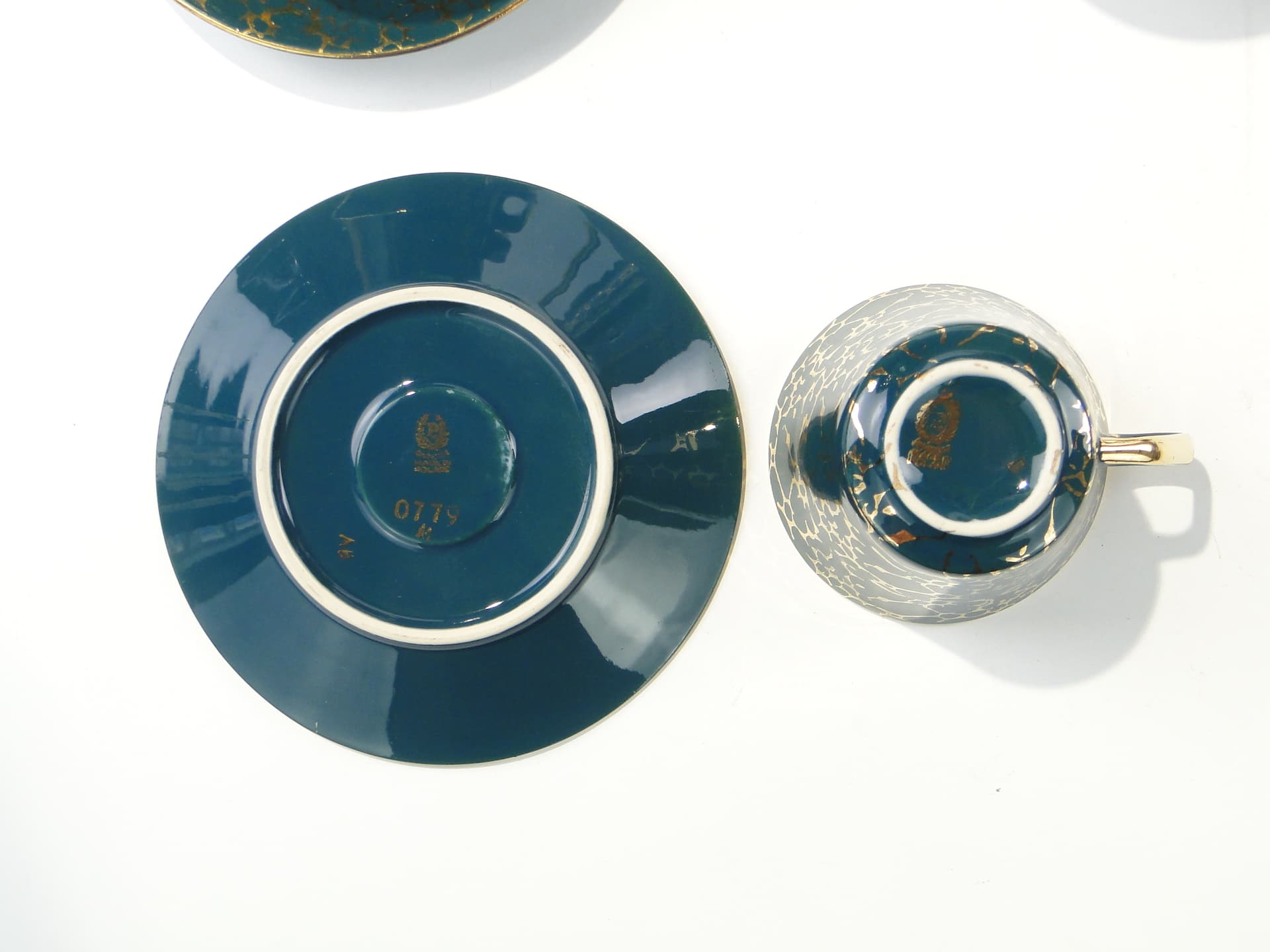 Coffee set Ira, green, glazed and gilded stoneware, by E. Renkowski, Chodzież, Poland, 1960s. - 362419