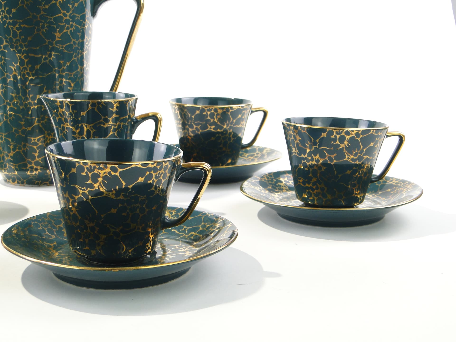 Coffee set Ira, green, glazed and gilded stoneware, by E. Renkowski, Chodzież, Poland, 1960s. - 362417