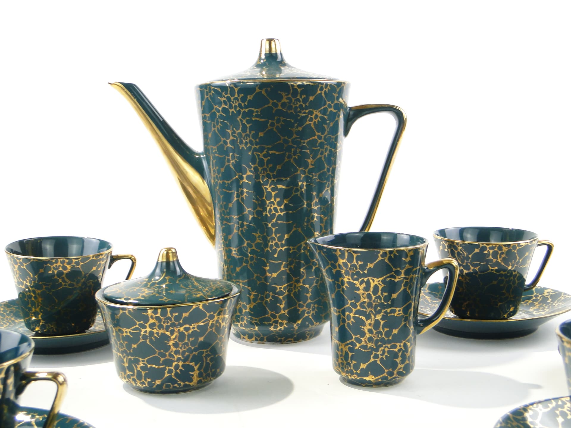 Coffee set Ira, green, glazed and gilded stoneware, by E. Renkowski, Chodzież, Poland, 1960s. - 362422