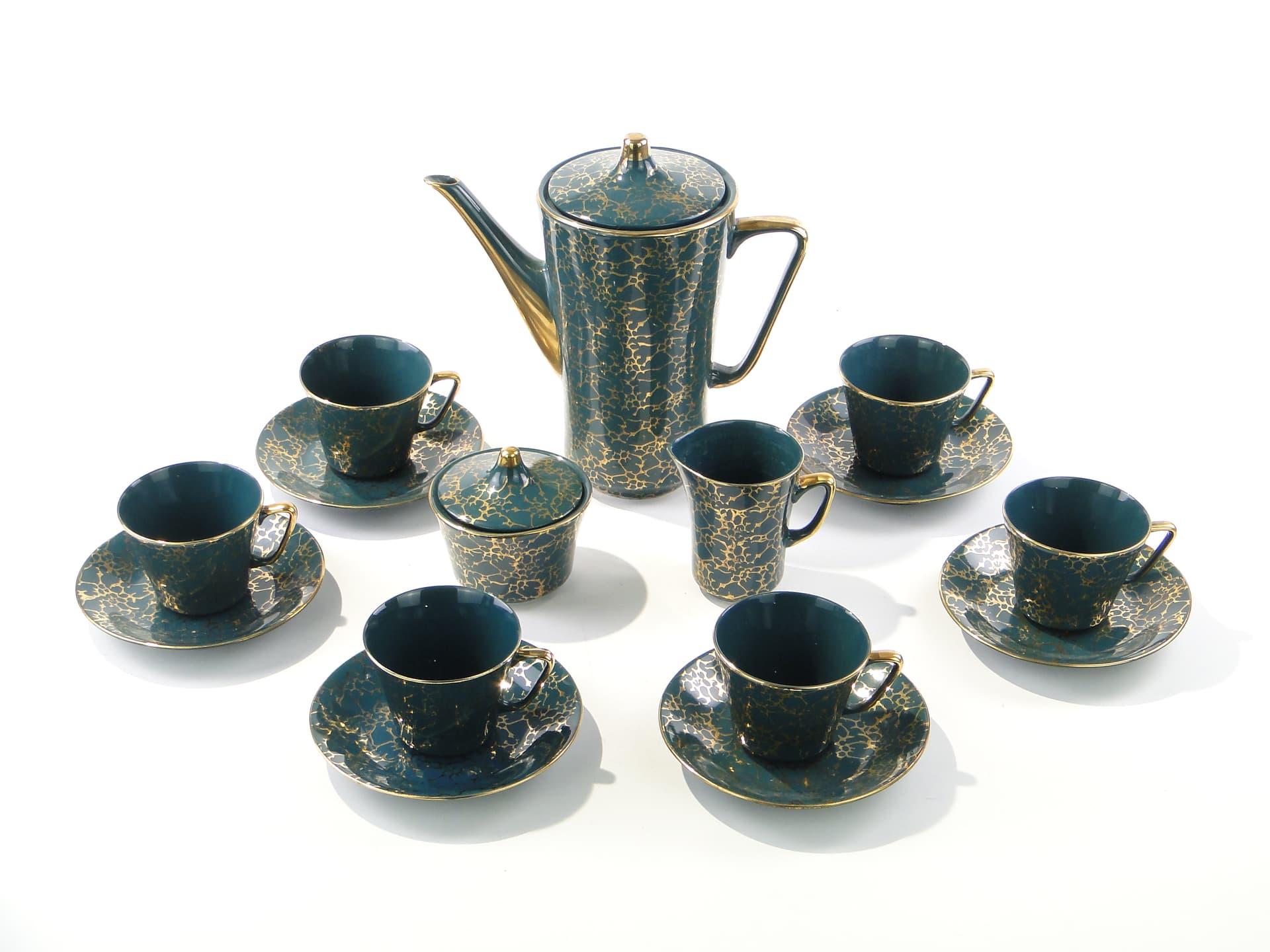 Coffee set Ira, green, glazed and gilded stoneware, by E. Renkowski, Chodzież, Poland, 1960s. - 362412