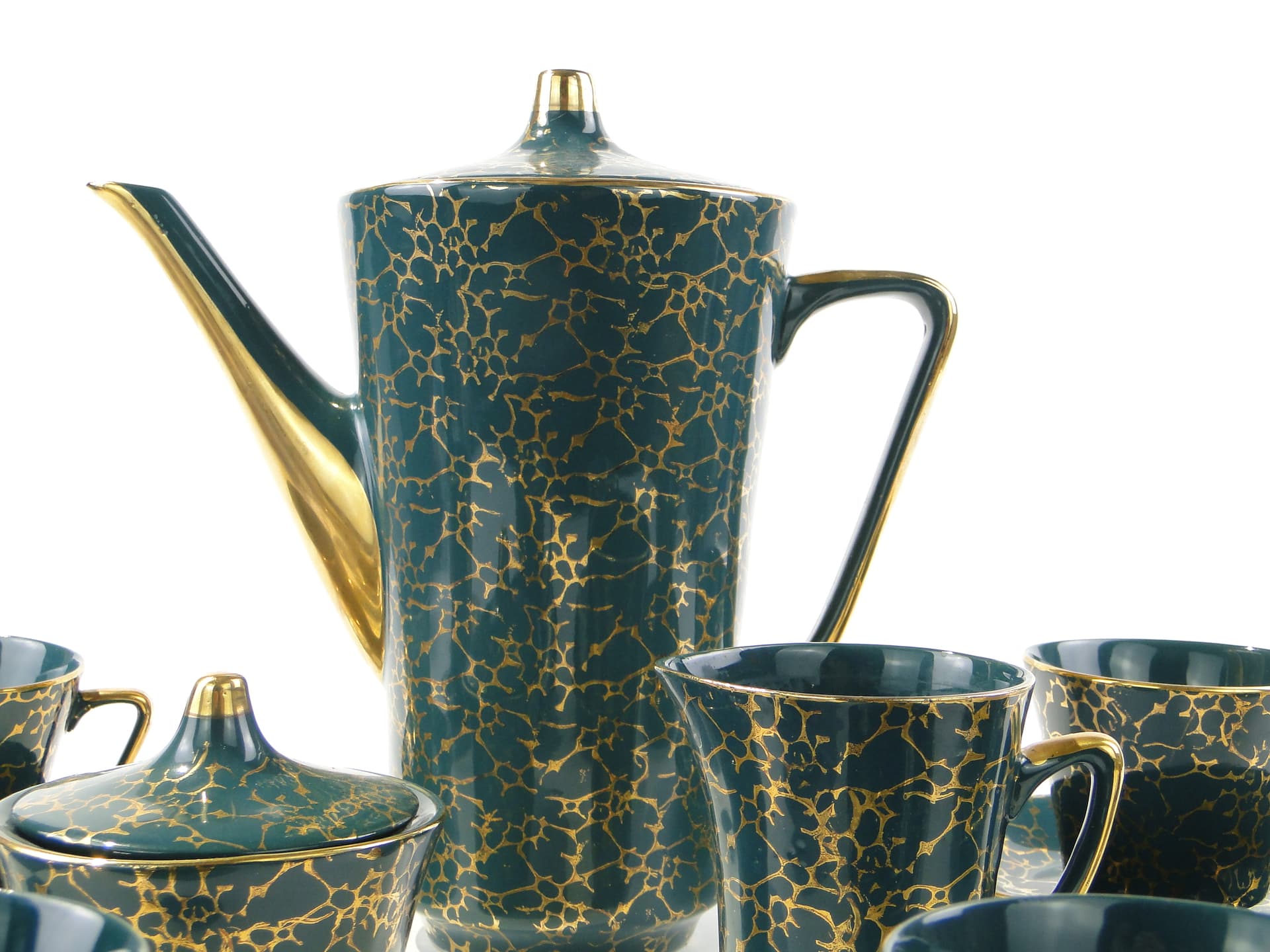 Coffee set Ira, green, glazed and gilded stoneware, by E. Renkowski, Chodzież, Poland, 1960s. - 362415