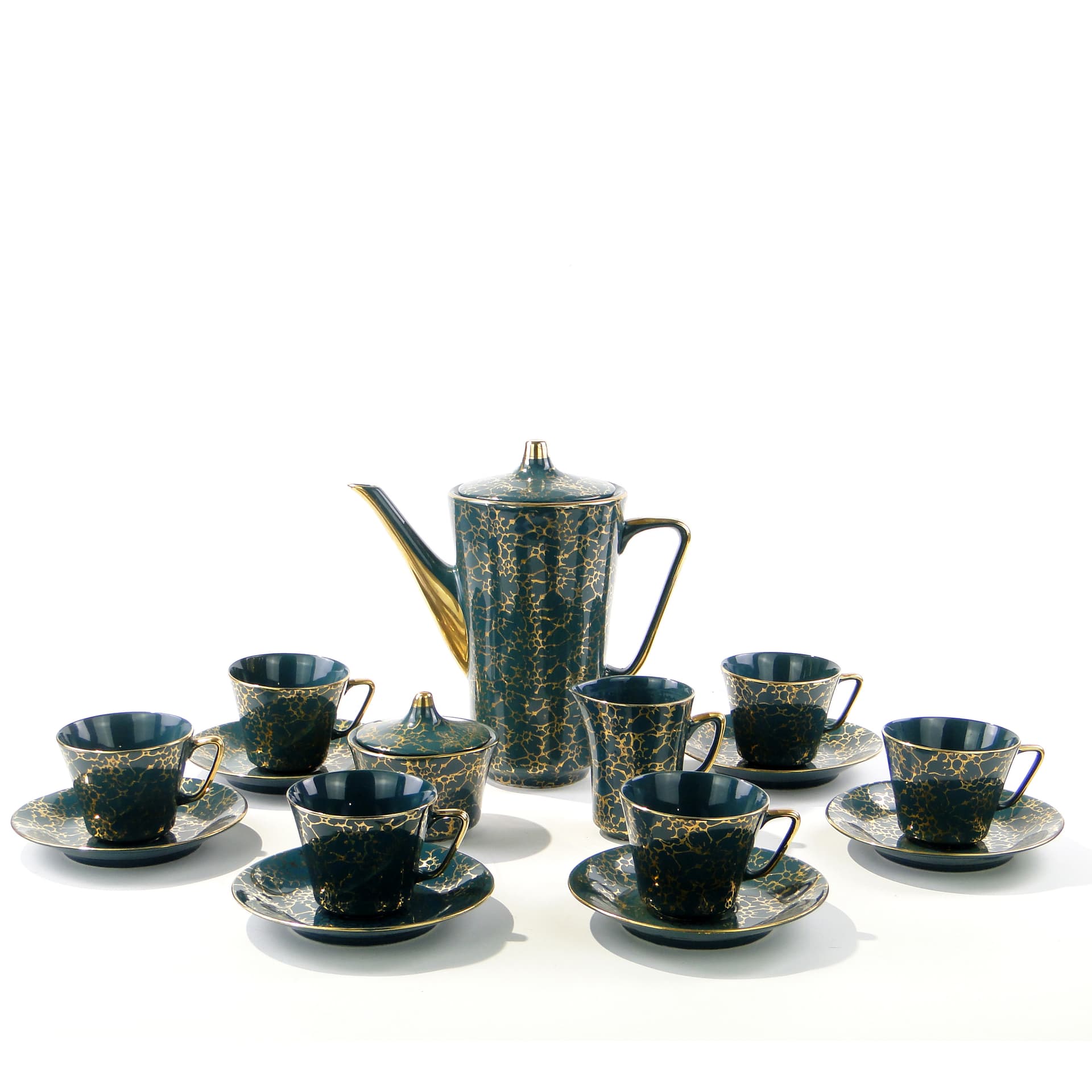 Coffee set Ira, green, glazed and gilded stoneware, by E. Renkowski, Chodzież, Poland, 1960s. - 362410