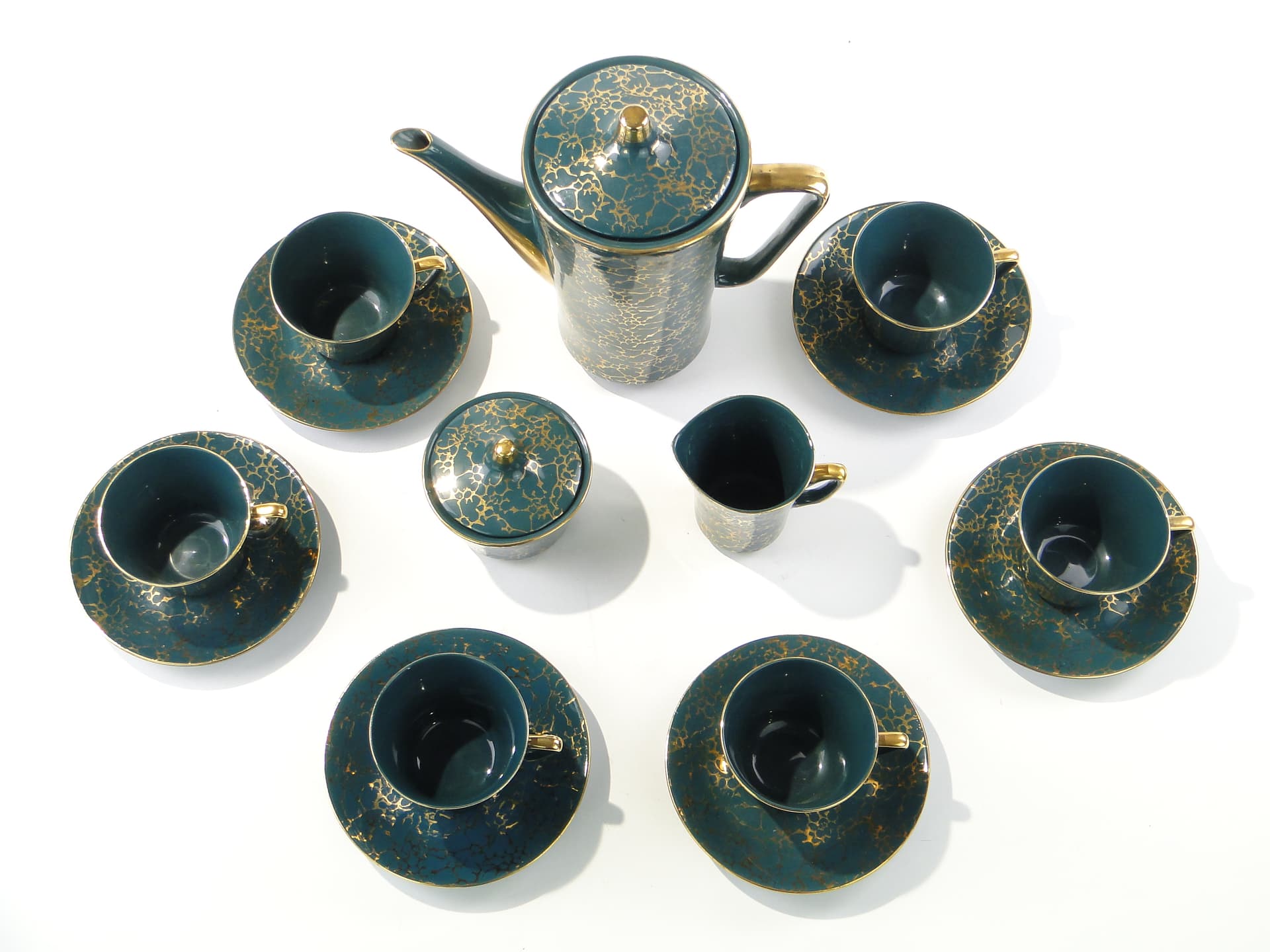 Coffee set Ira, green, glazed and gilded stoneware, by E. Renkowski, Chodzież, Poland, 1960s. - 362414