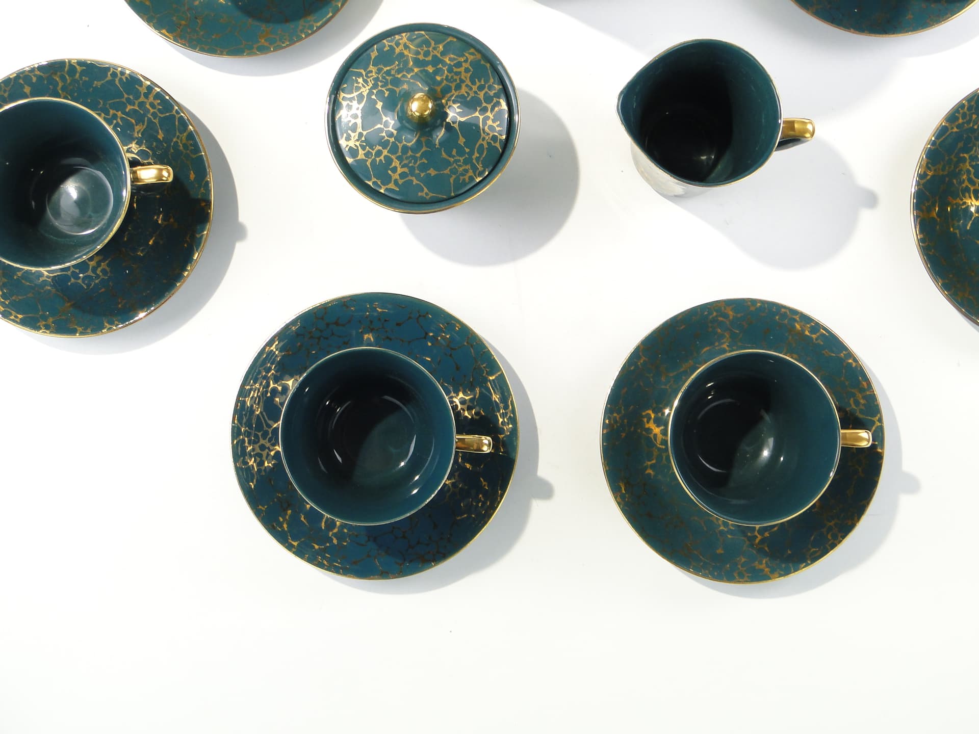 Coffee set Ira, green, glazed and gilded stoneware, by E. Renkowski, Chodzież, Poland, 1960s. - 362418
