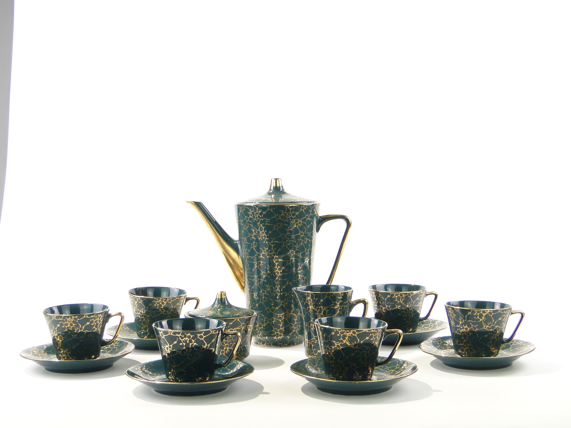 Coffee set Ira, green, glazed and gilded stoneware, by E. Renkowski, Chodzież, Poland, 1960s. - 362411