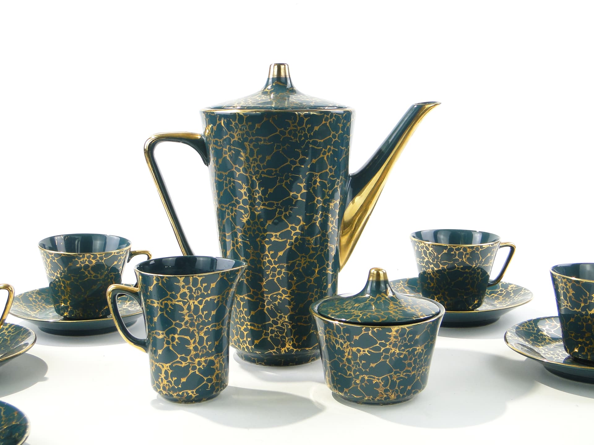 Coffee set Ira, green, glazed and gilded stoneware, by E. Renkowski, Chodzież, Poland, 1960s. - 362424
