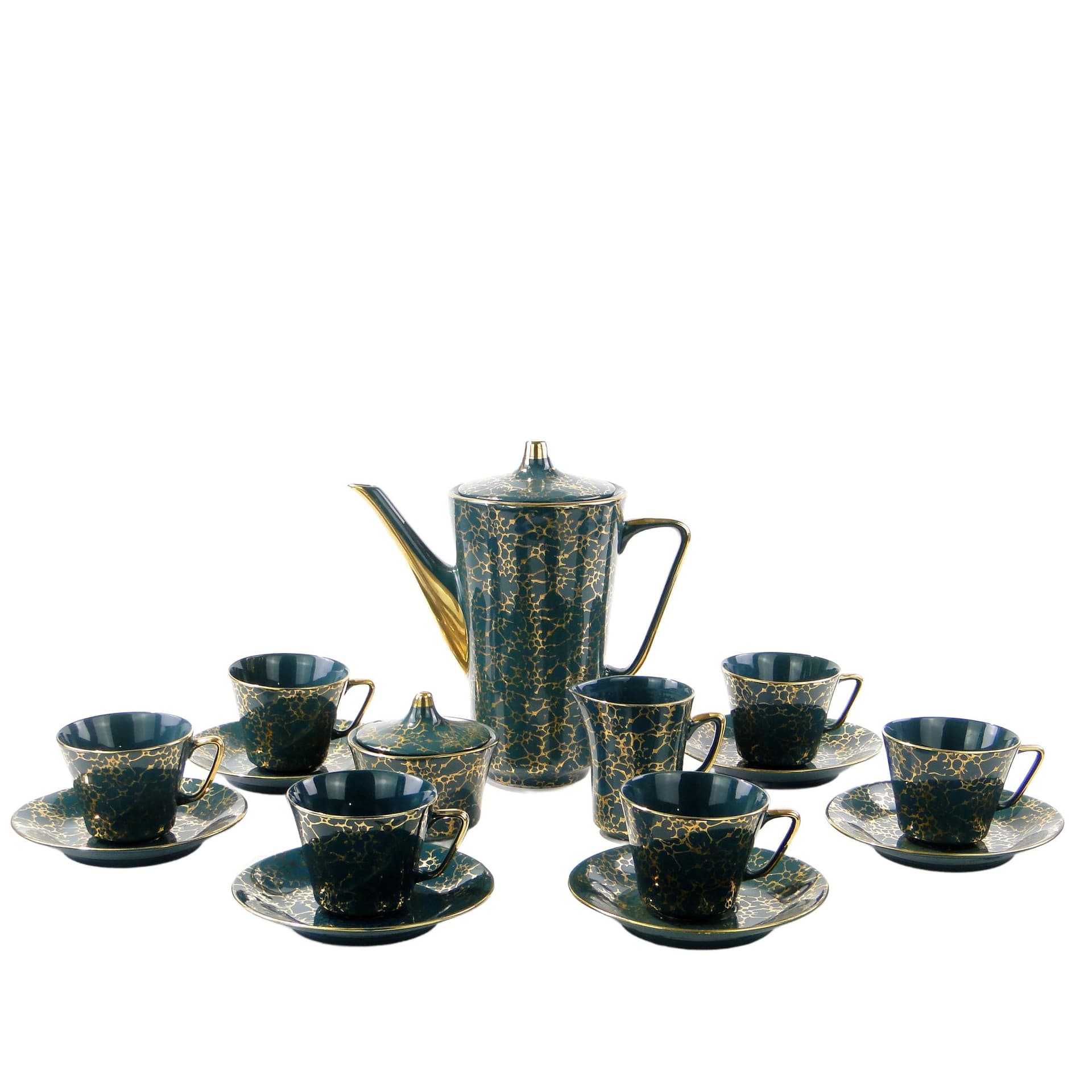 Coffee set Ira, green, glazed and gilded stoneware, by E. Renkowski, Chodzież, Poland, 1960s.