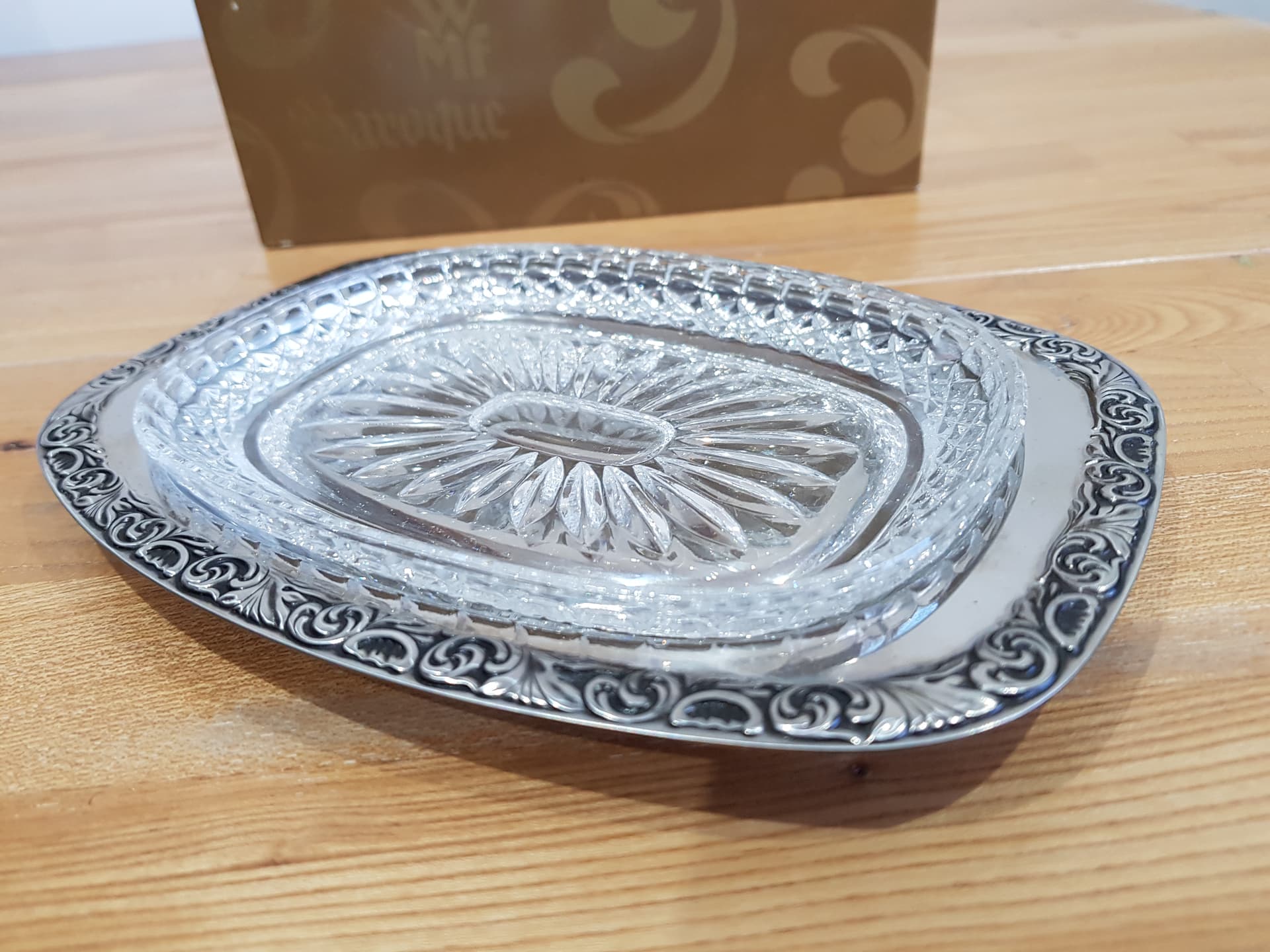 Serving dish Baroque, silver stainless steel, clear crystal, WMF, Germany, 1960s. - 362452