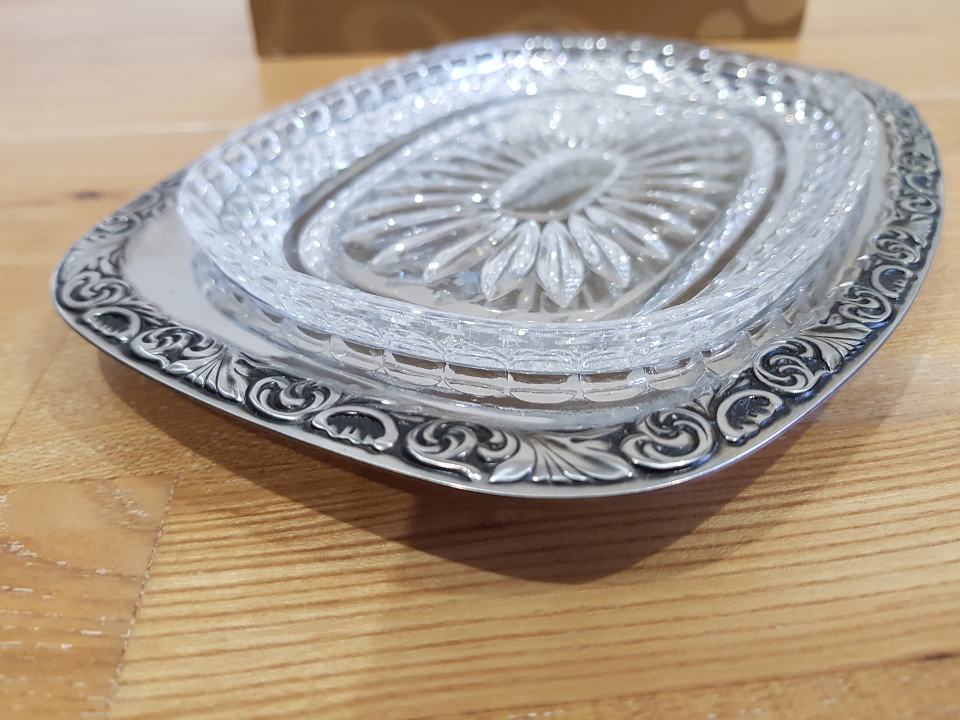 Serving dish Baroque, silver stainless steel, clear crystal, WMF, Germany, 1960s. - 362458