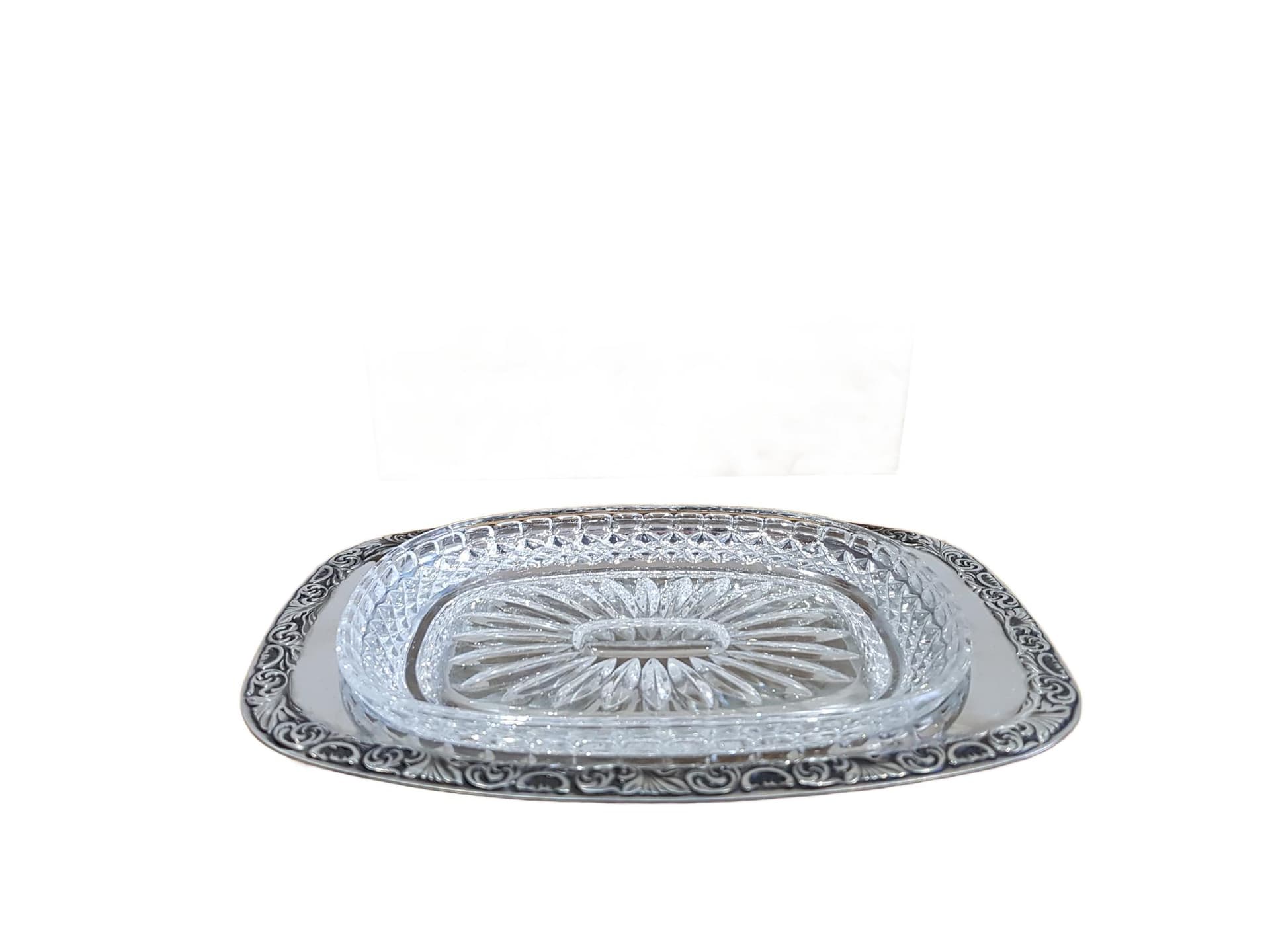 Serving dish Baroque, silver stainless steel, clear crystal, WMF, Germany, 1960s.