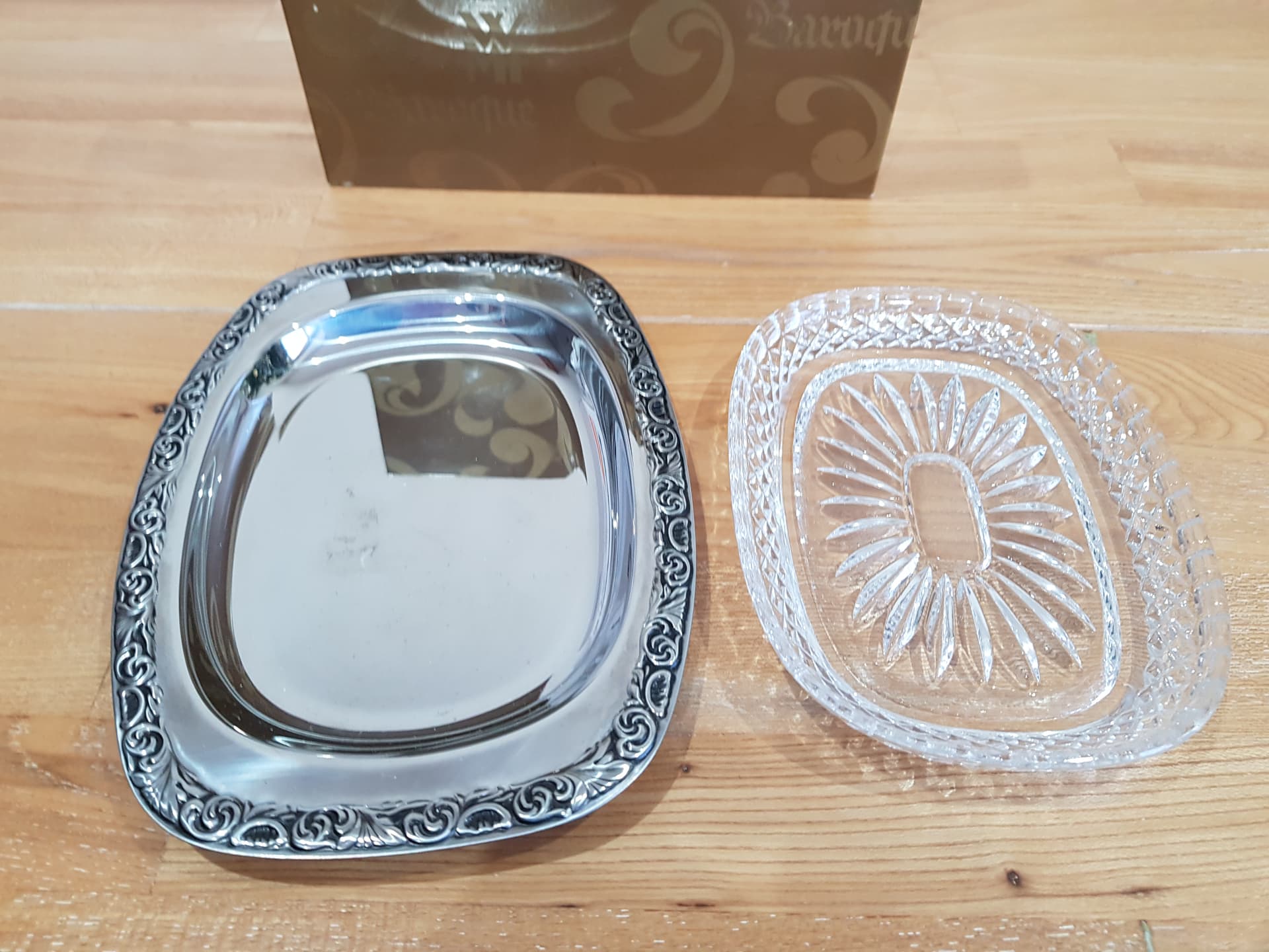 Serving dish Baroque, silver stainless steel, clear crystal, WMF, Germany, 1960s. - 362457