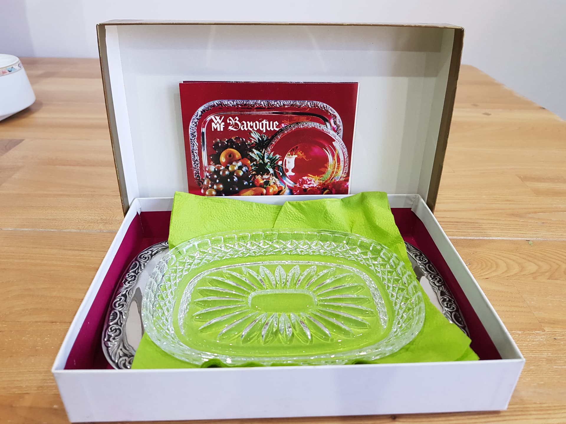 Serving dish Baroque, silver stainless steel, clear crystal, WMF, Germany, 1960s. - 362455