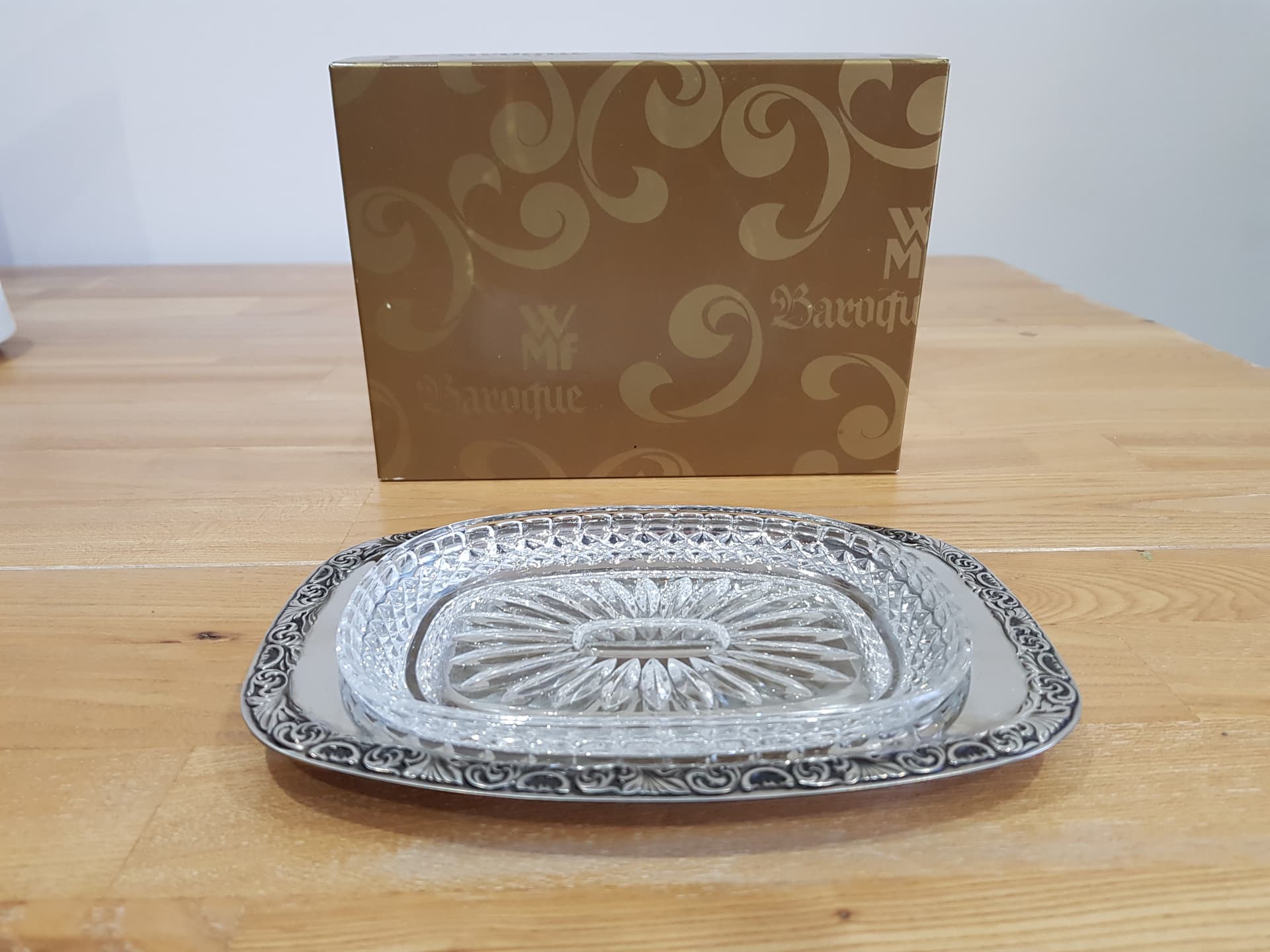 Serving dish Baroque, silver stainless steel, clear crystal, WMF, Germany, 1960s. - 362453