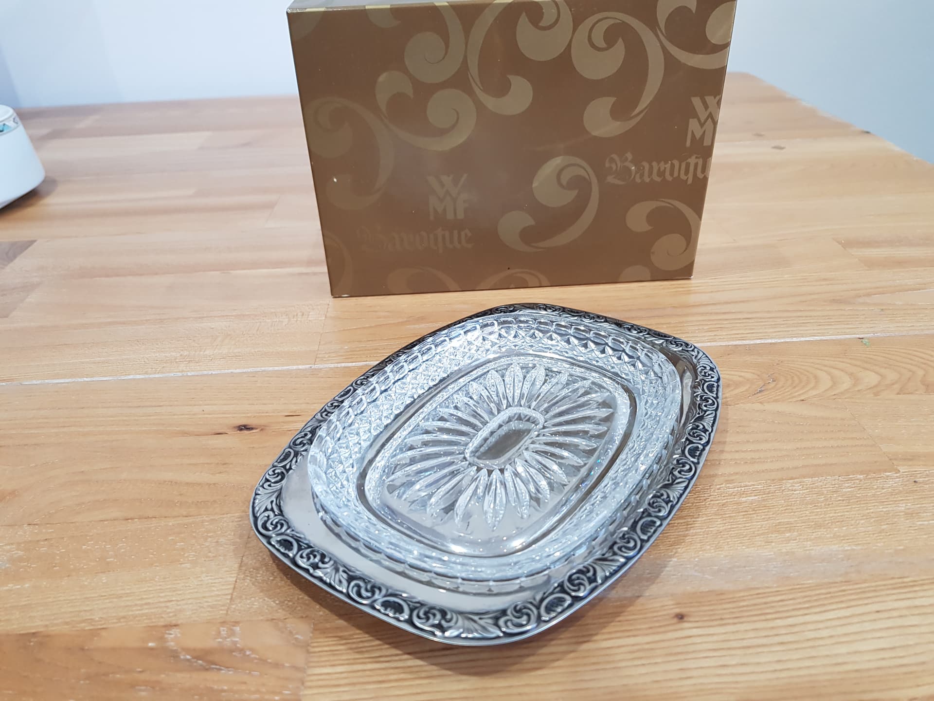 Serving dish Baroque, silver stainless steel, clear crystal, WMF, Germany, 1960s. - 362454
