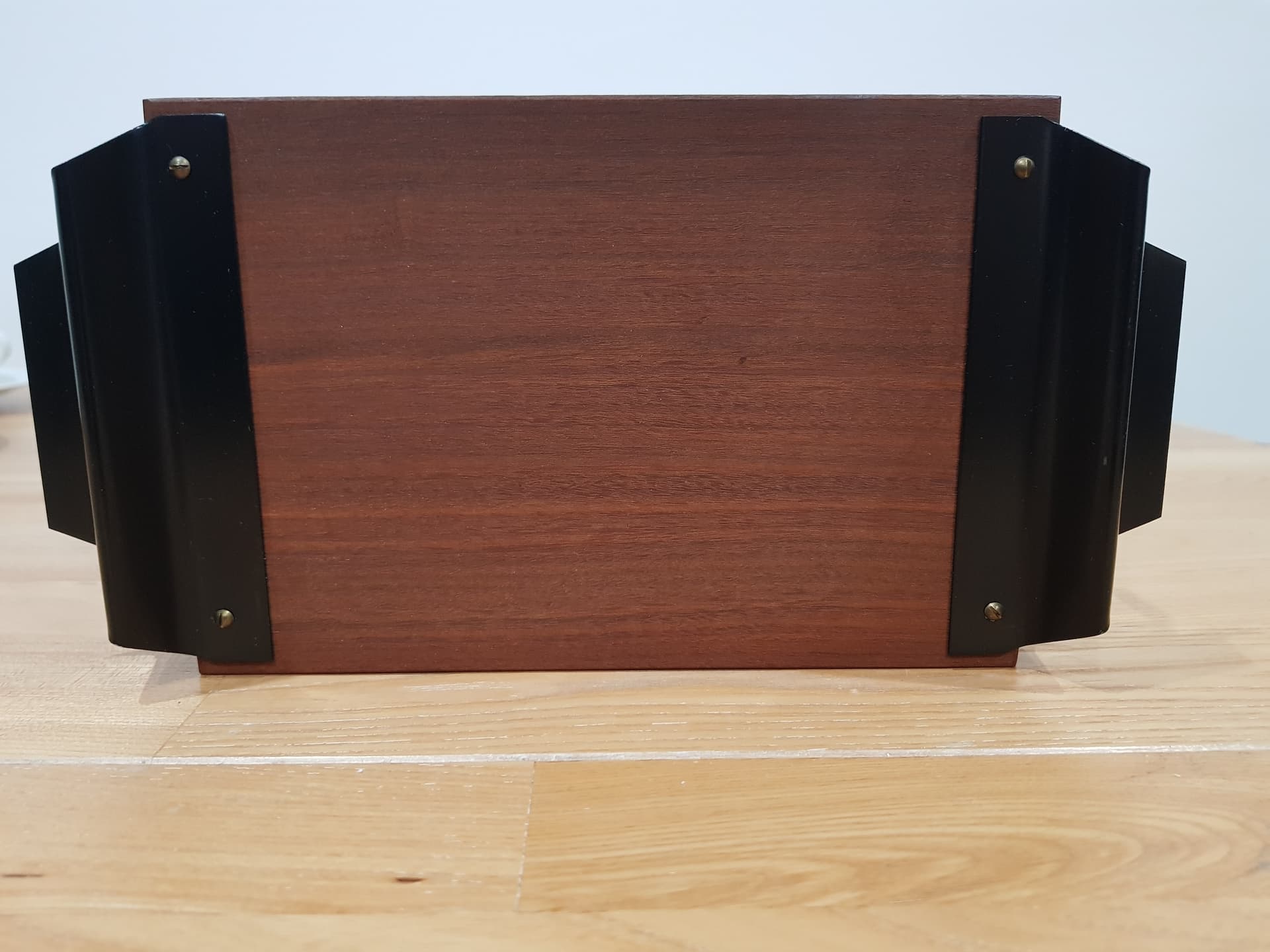 Toast rack, brown teak, golden brass, black metal, Denmark, 1960s. - 362475