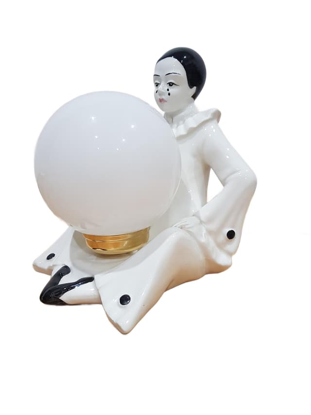 Lampa stołowa Pierrot, ceramika biała, szkło, Cer. Tolio Roselio, Włochy, lata 70. - WYMIARY