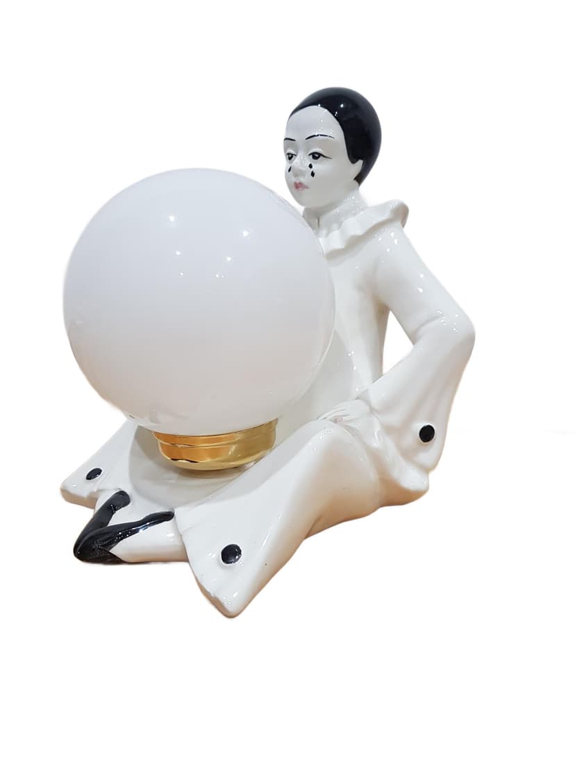 Lampa stołowa Pierrot, ceramika biała, szkło, Cer. Tolio Roselio, Włochy, lata 70.