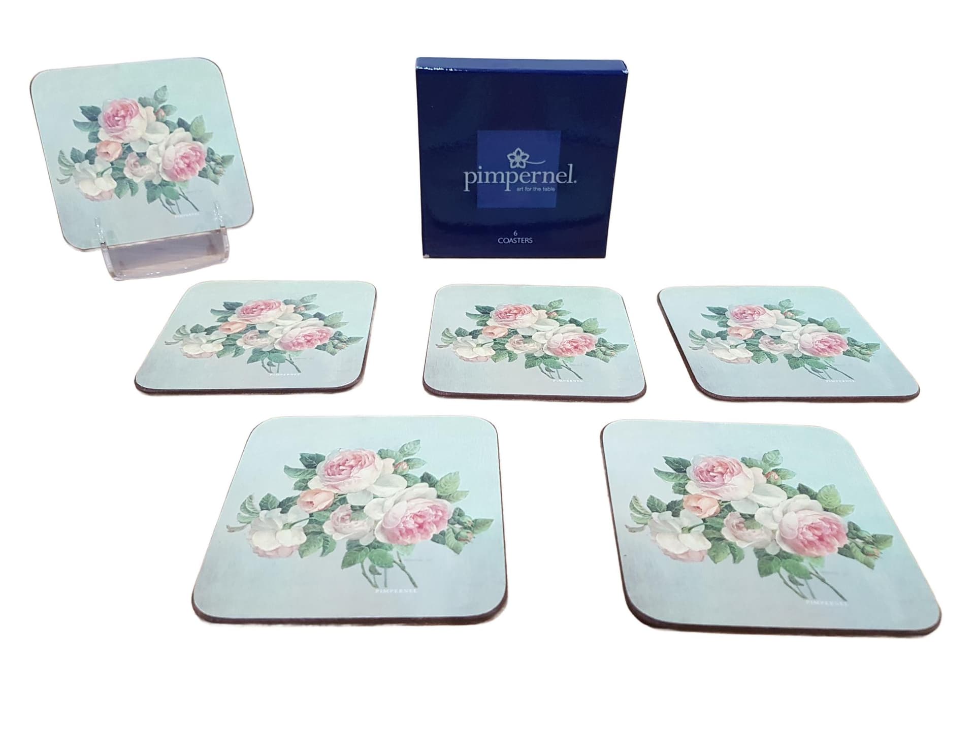 Set of six coasters Rose, blue, cork, Pimpernel, United Kingdom, 1980s.