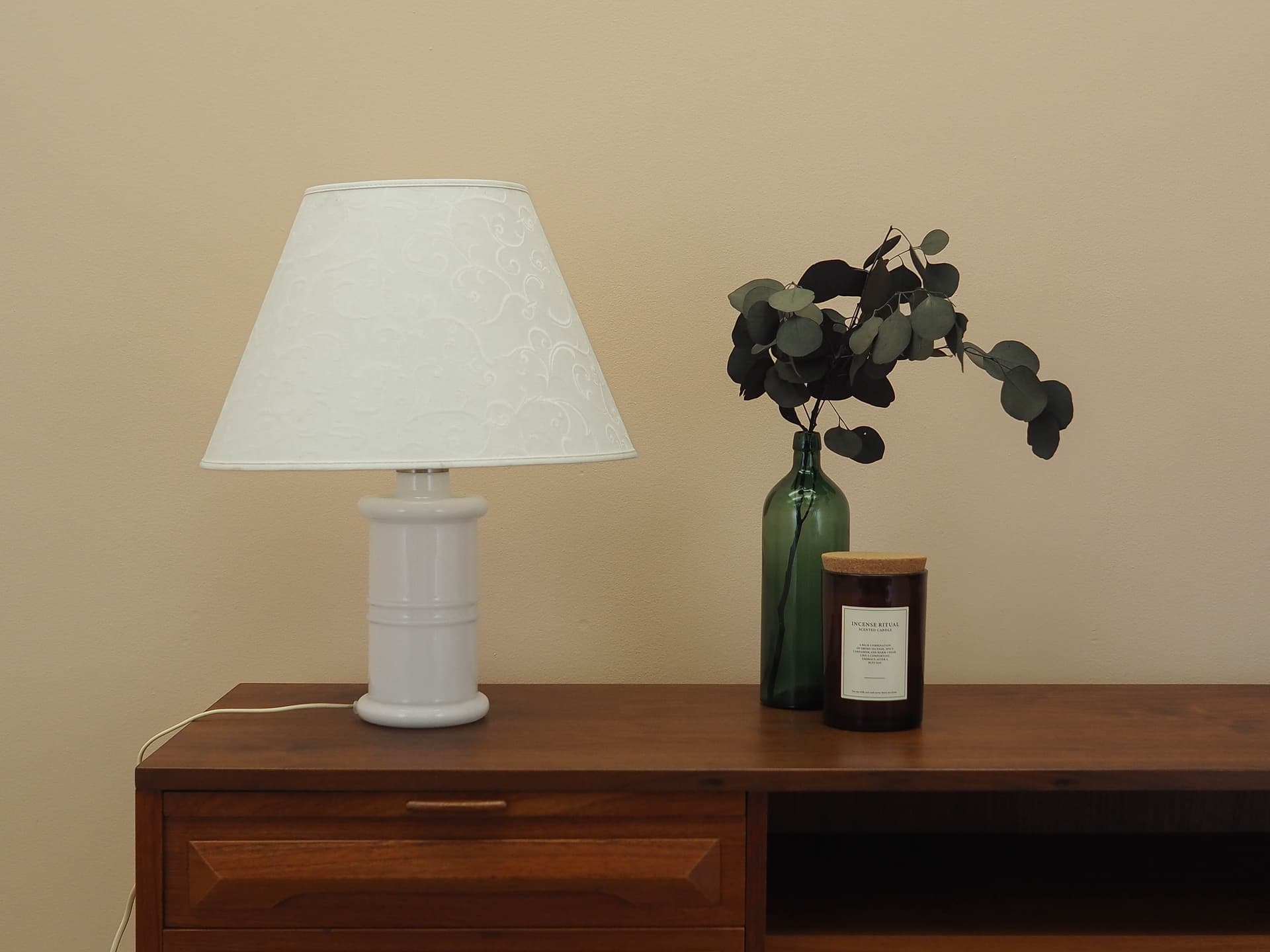 Table Lamp Holmegaard, white glass, white fabric, Denmark, 1970s. - 362559