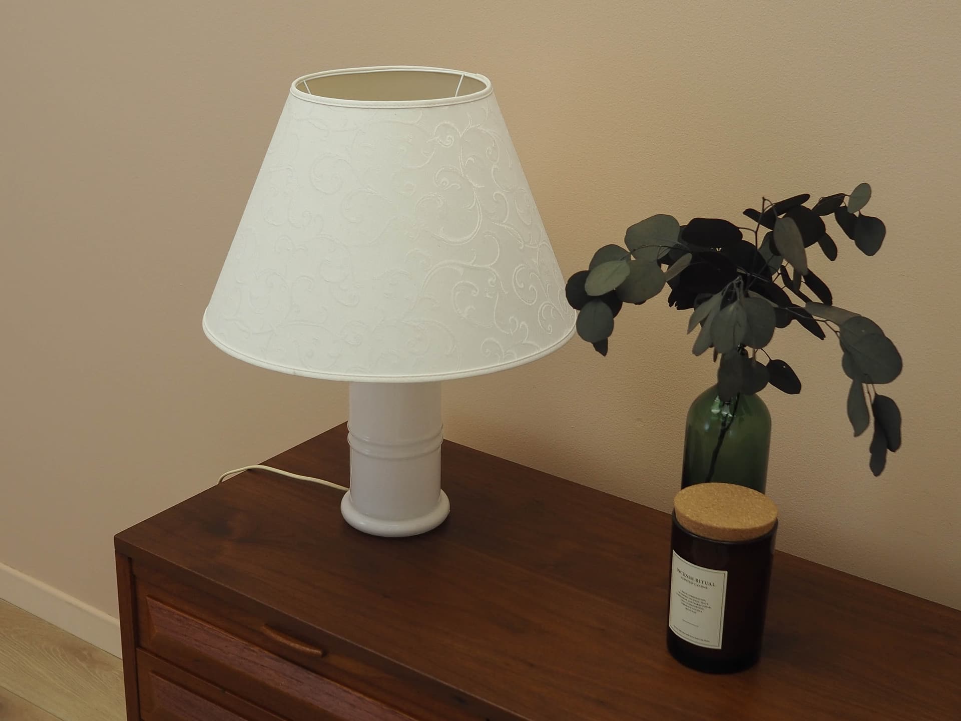 Table Lamp Holmegaard, white glass, white fabric, Denmark, 1970s. - 362558