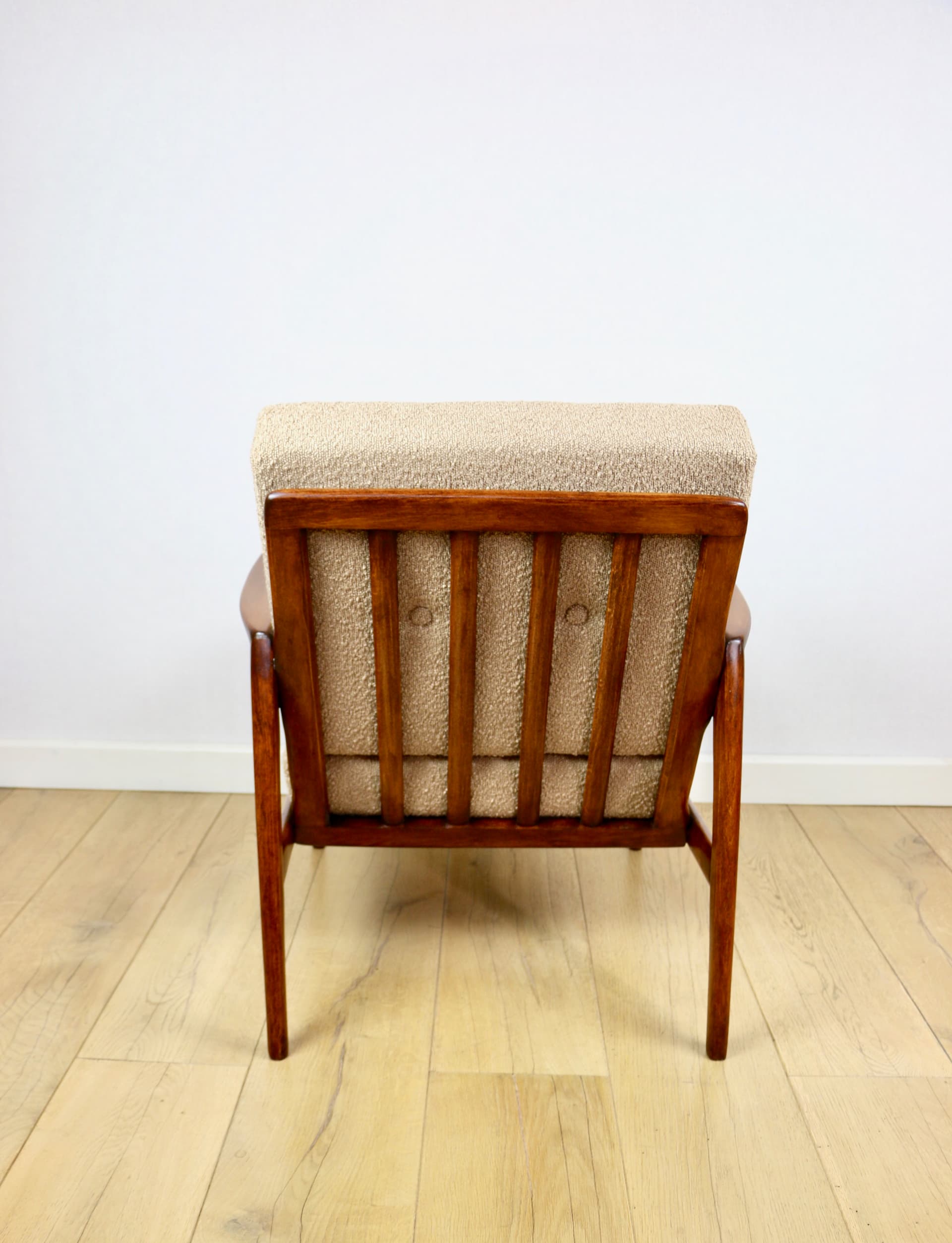 Armchair Stefan, beige bouclé, brown beech, Swarzędzka Fabryka Mebli, Poland, 1970s. - 362597