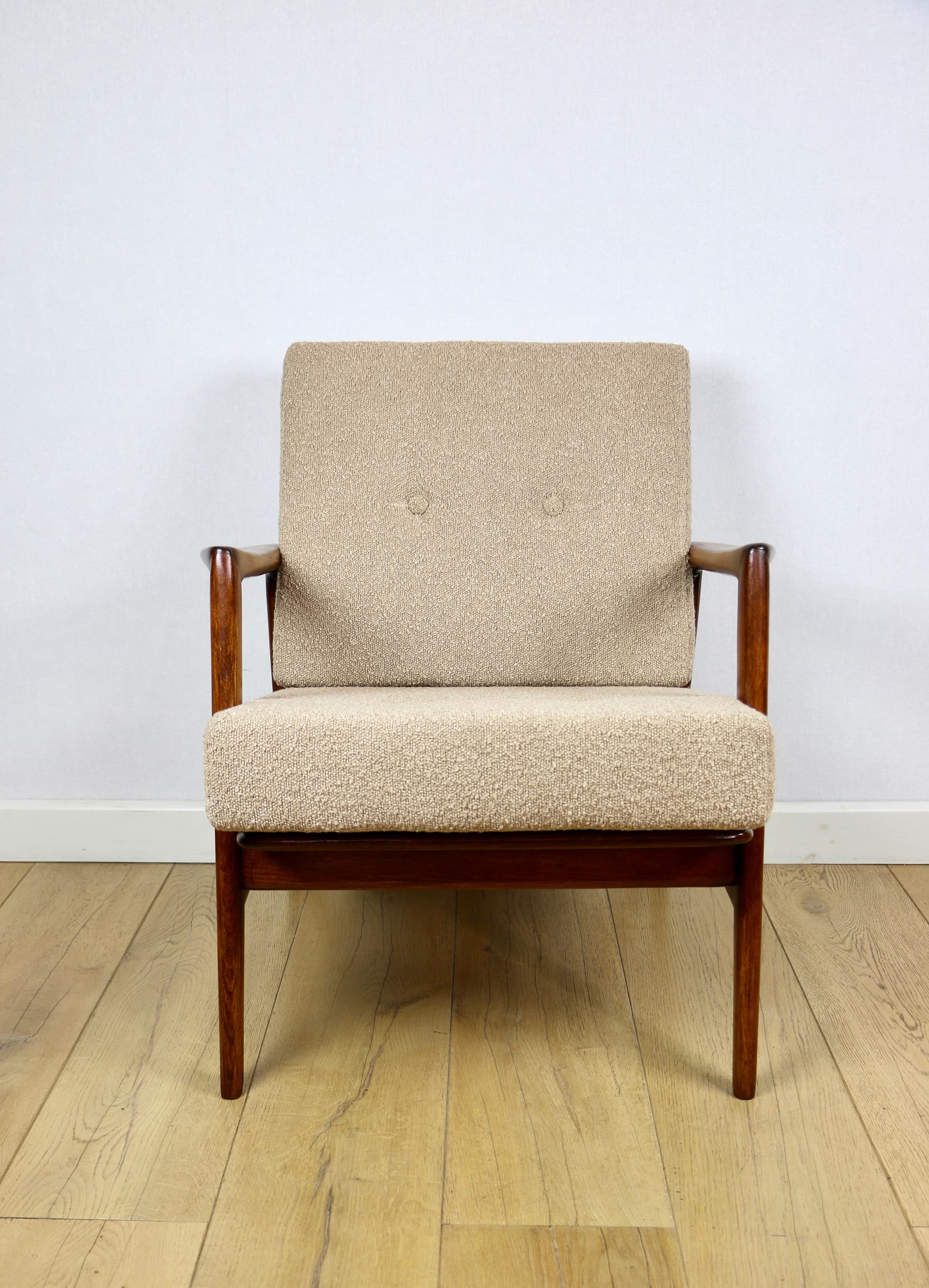 Armchair Stefan, beige bouclé, brown beech, Swarzędzka Fabryka Mebli, Poland, 1970s. - 362601