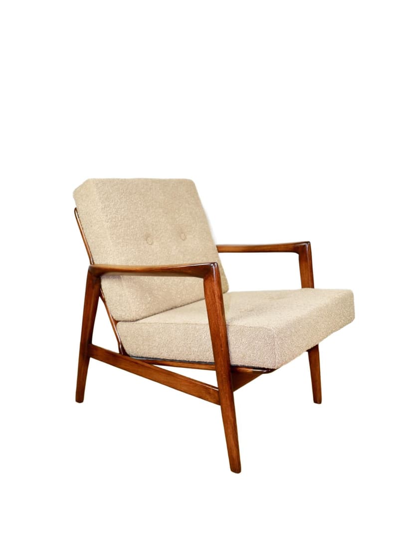 Armchair Stefan, beige bouclé, brown beech, Swarzędzka Fabryka Mebli, Poland, 1970s.