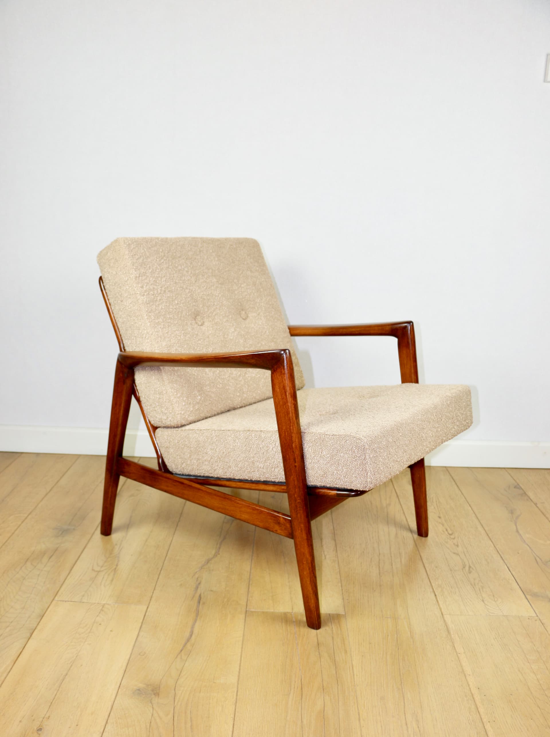 Armchair Stefan, beige bouclé, brown beech, Swarzędzka Fabryka Mebli, Poland, 1970s. - 362600