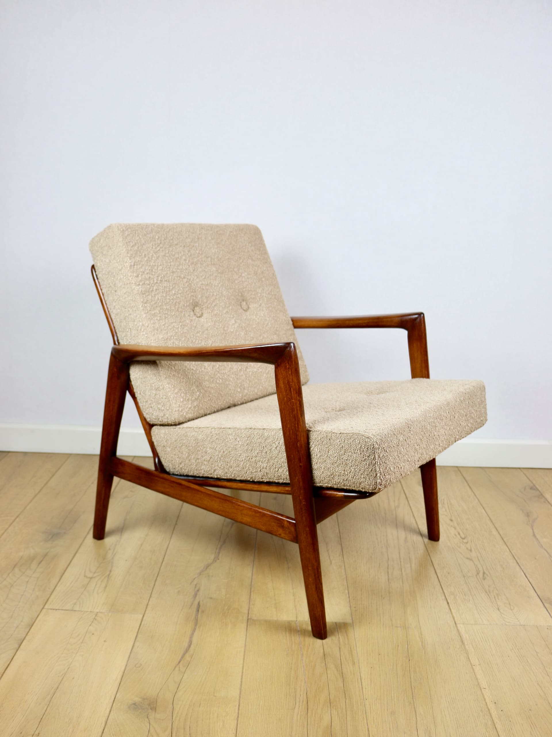 Armchair Stefan, beige bouclé, brown beech, Swarzędzka Fabryka Mebli, Poland, 1970s. - 362599