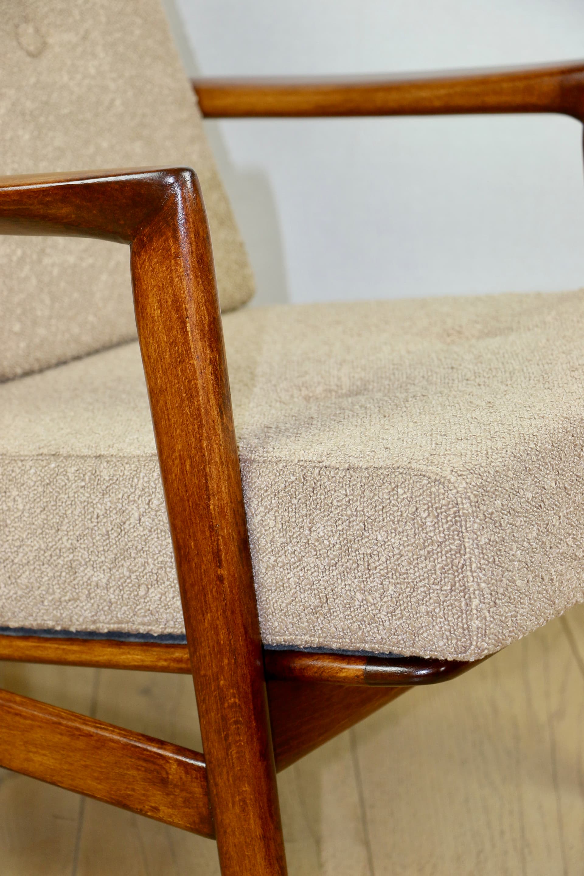Armchair Stefan, beige bouclé, brown beech, Swarzędzka Fabryka Mebli, Poland, 1970s. - 362605
