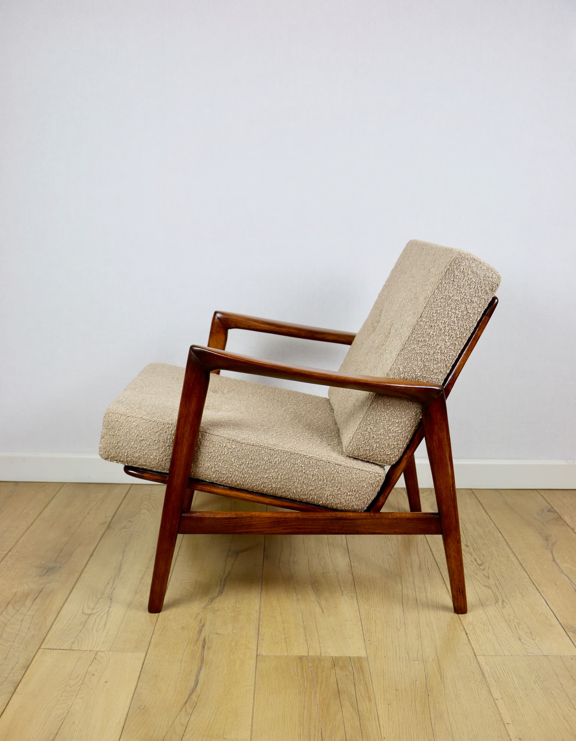 Armchair Stefan, beige bouclé, brown beech, Swarzędzka Fabryka Mebli, Poland, 1970s. - 362603