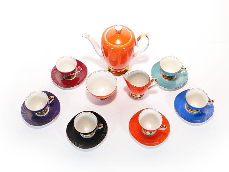 Coffee set Regina, multicolour, gilded porcelain, Chodzież, Poland, 1960s. - 362612