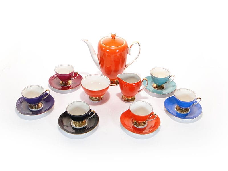 Coffee set Regina, multicolour, gilded porcelain, Chodzież, Poland, 1960s. - 362616
