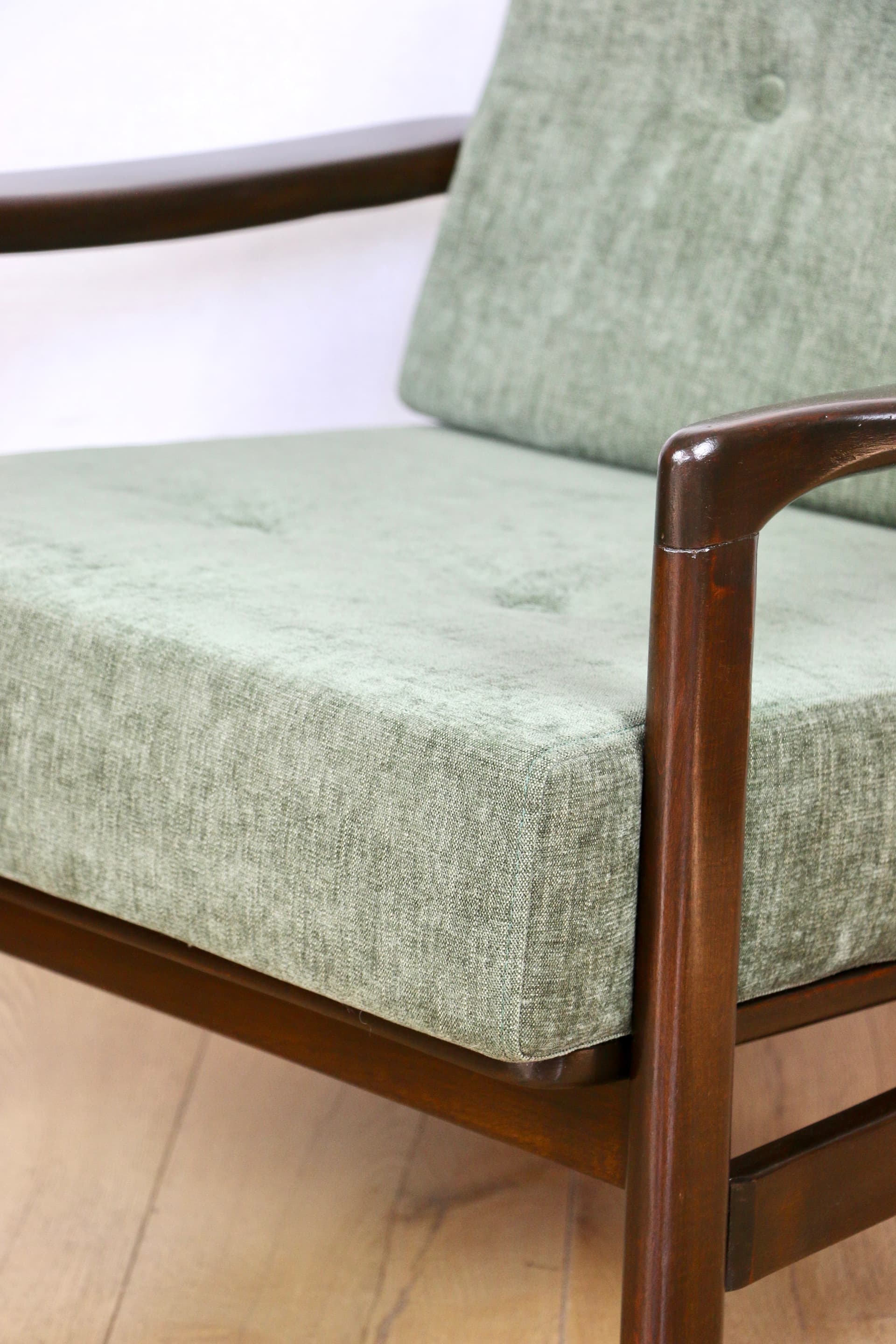 Armchair, olive green fabric, brown wood, by Z. Bączyk, Poland, 1970s - 362659