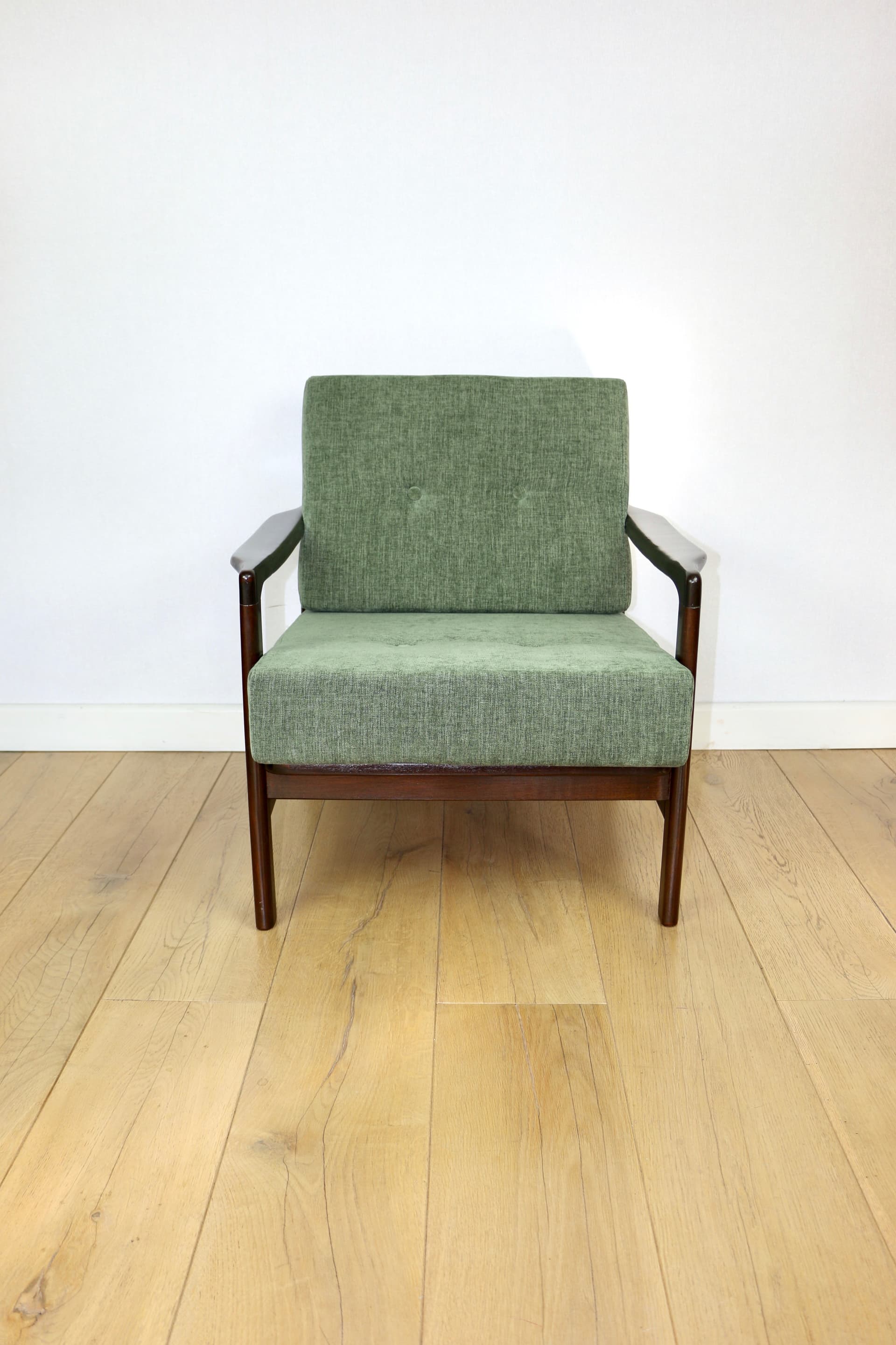 Armchair, olive green fabric, brown wood, by Z. Bączyk, Poland, 1970s - 362657