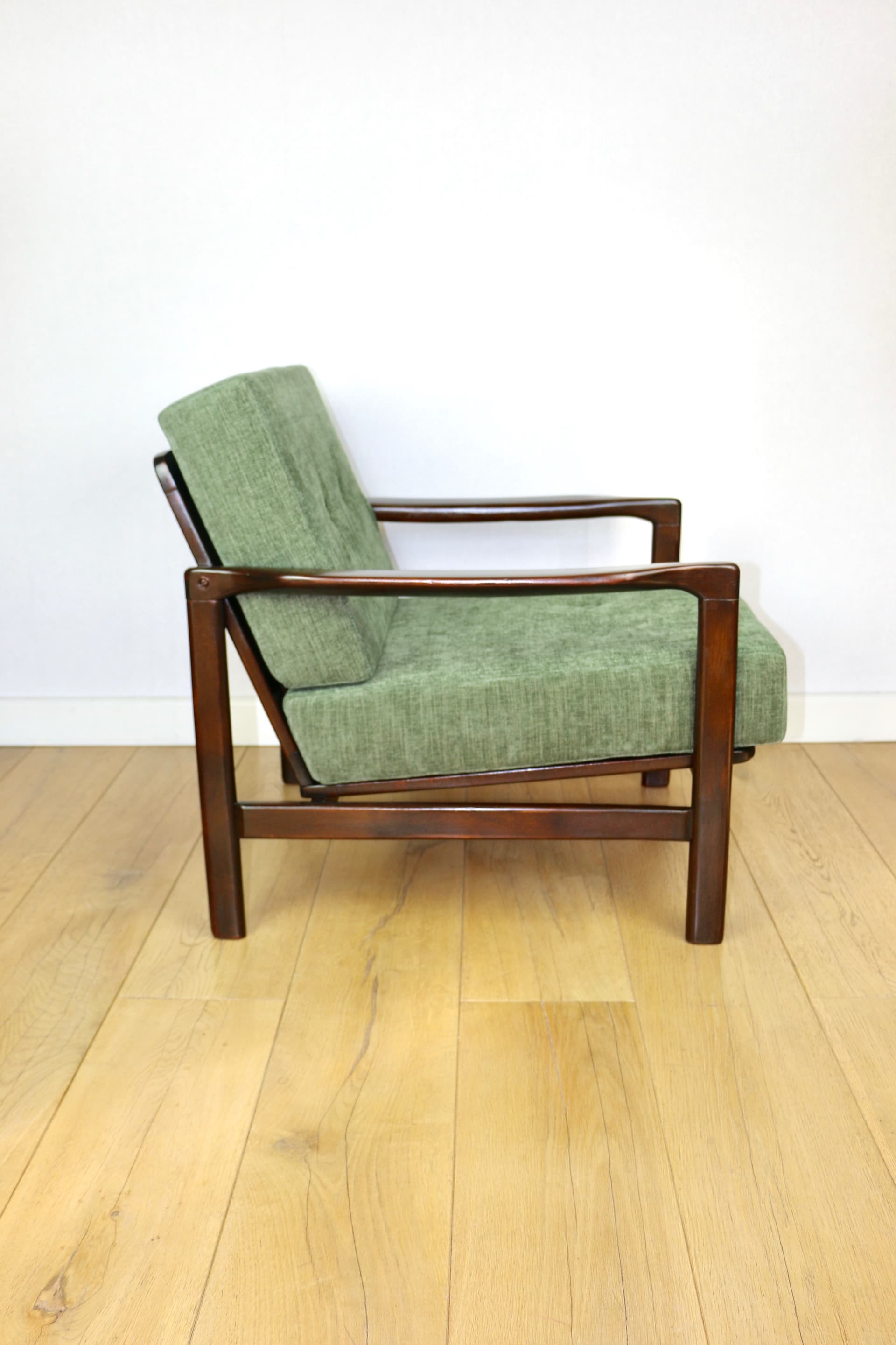 Armchair, olive green fabric, brown wood, by Z. Bączyk, Poland, 1970s - 362655